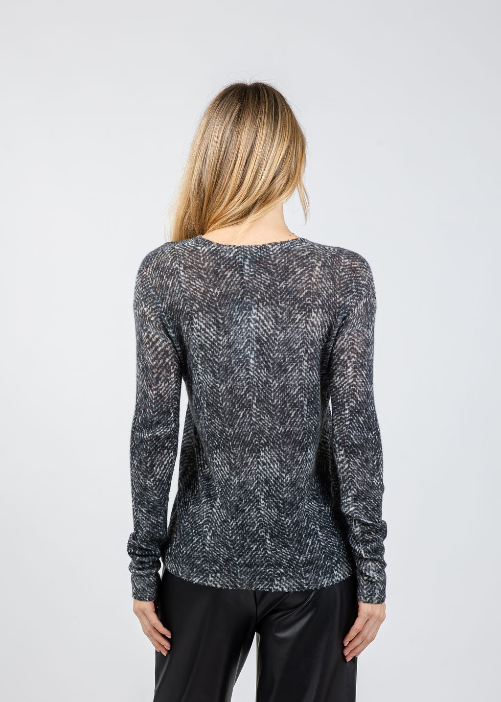 Autumn Cashmere Herringbone Print Raw Edge Crew Sweater in Neutral Combo available at Barbara Katz