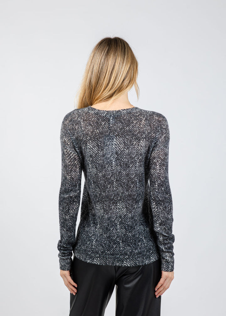 Autumn Cashmere Herringbone Print Raw Edge Crew Sweater in Neutral Combo available at Barbara Katz