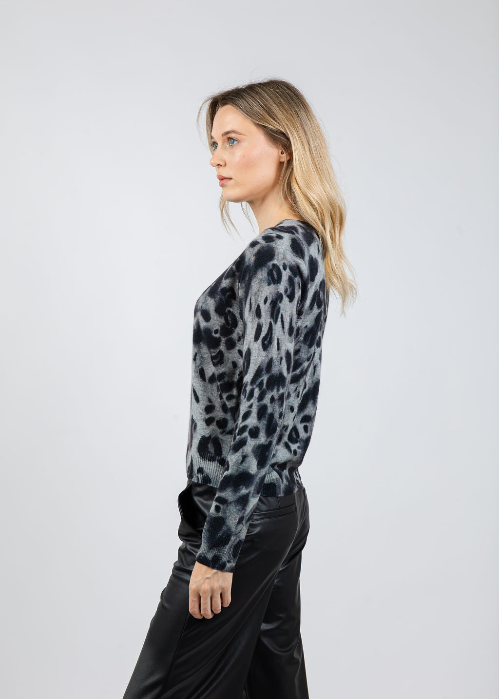 Autumn Cashmere Watercolor Print Cheetah Crew Sweater in Grey Combo available at Barbara Katz