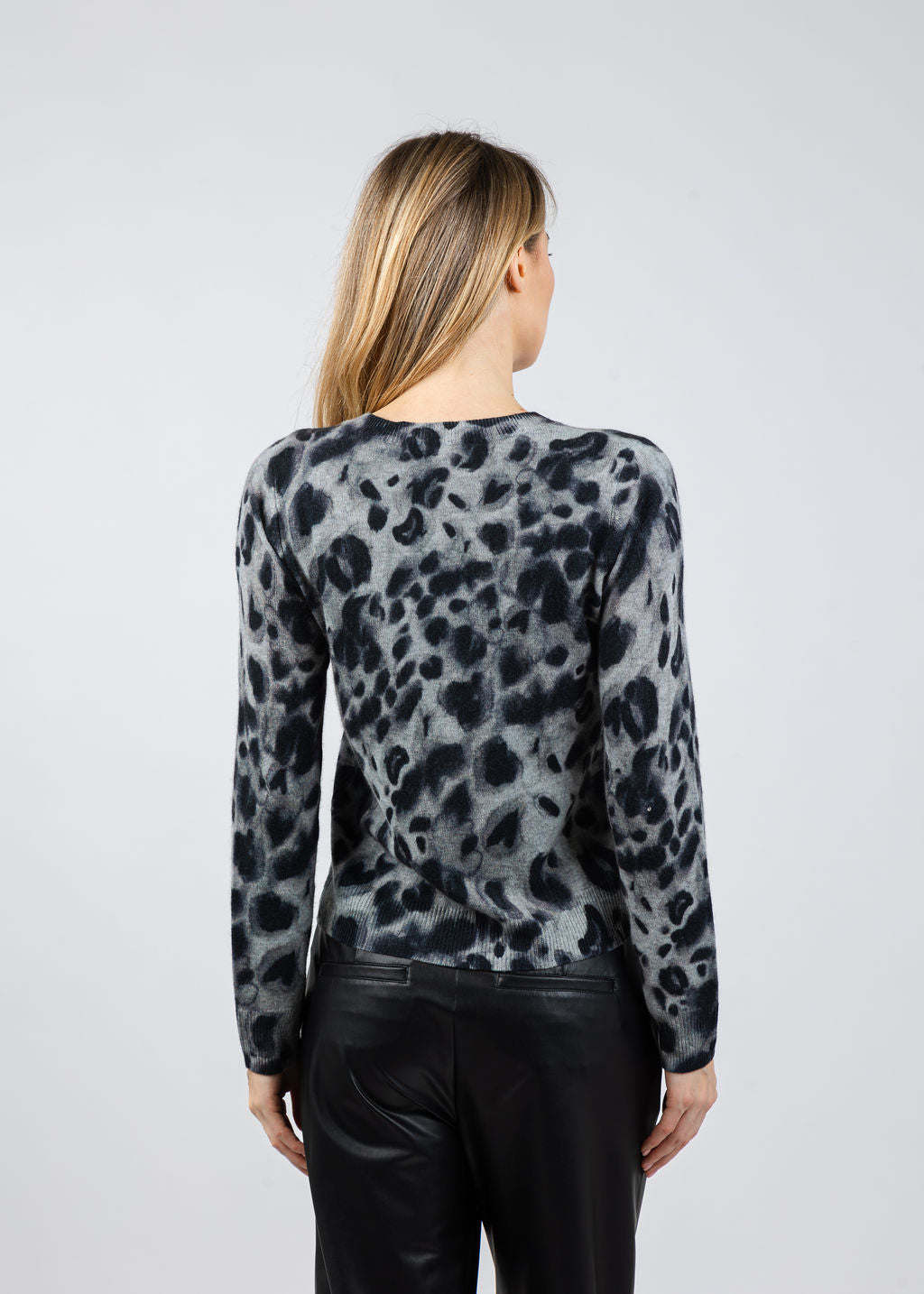 Autumn Cashmere Watercolor Print Cheetah Crew Sweater in Grey Combo available at Barbara Katz