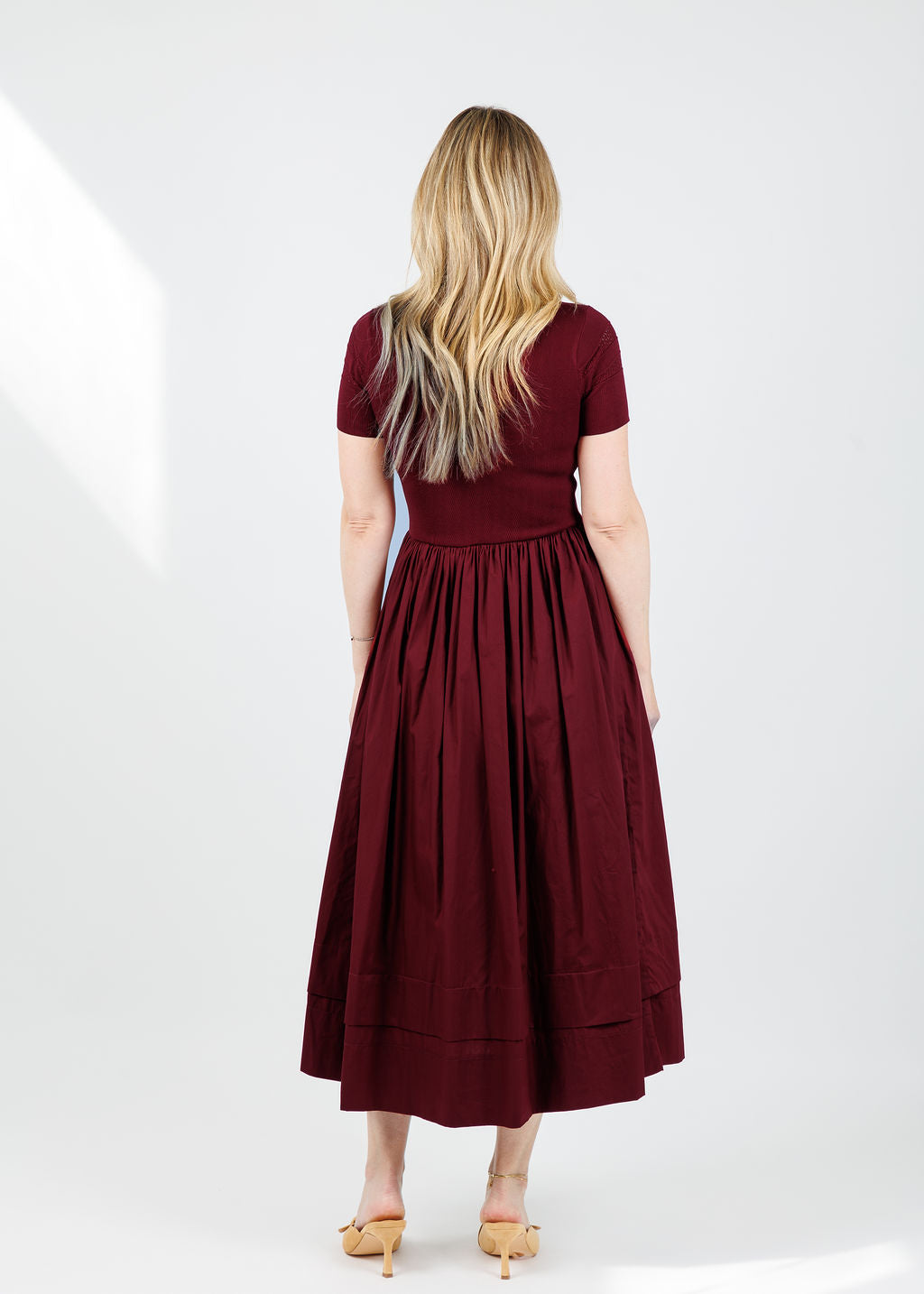 BK Sheer Trim Midi Dress in Oxblood available at Barbara Katz
