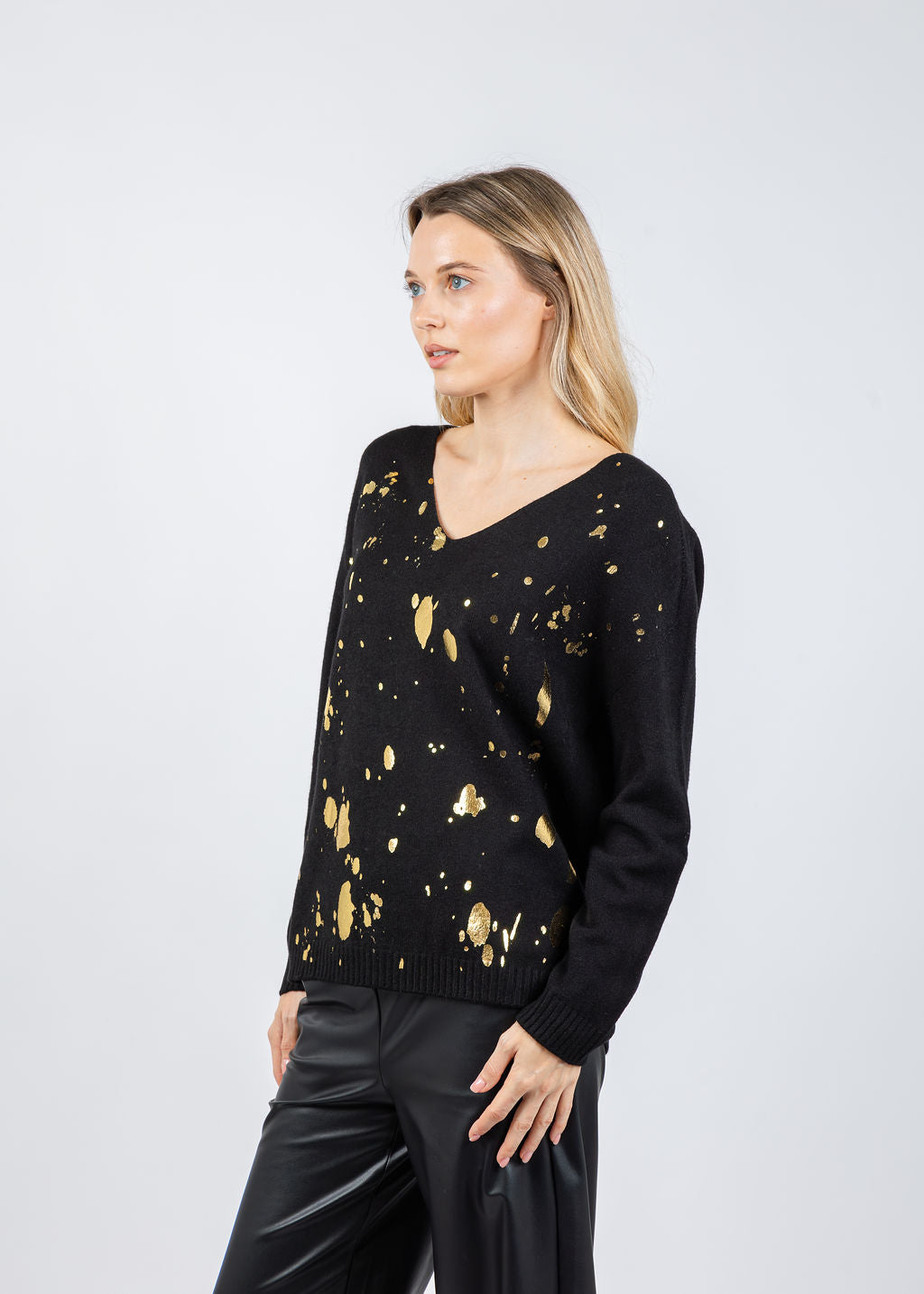 BK Vicky V-Neck Foil Splatter Sweater in Black Gold available at Barbara Katz