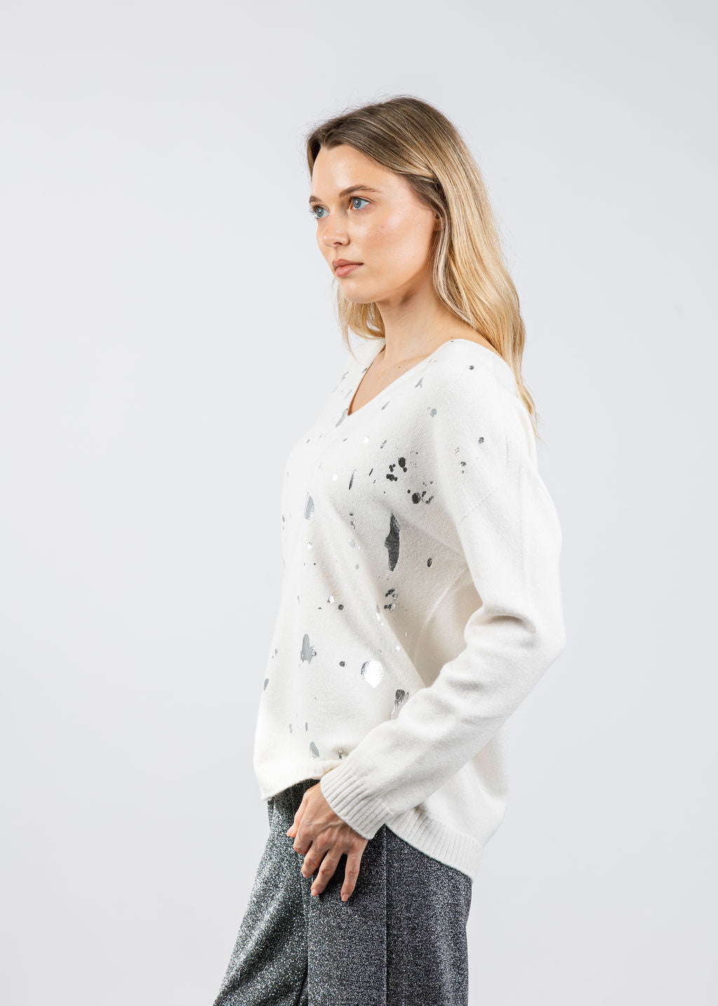 BK Vicky V-Neck Foil Splatter Sweater in White Silver available at Barbara Katz
