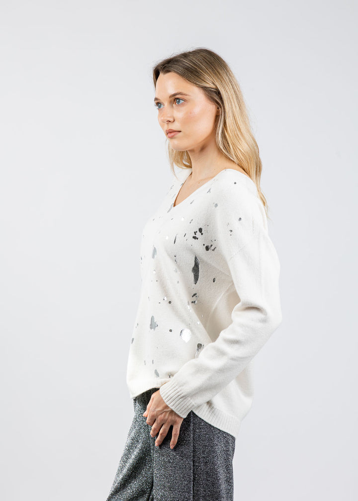 BK Vicky V-Neck Foil Splatter Sweater in White Silver available at Barbara Katz