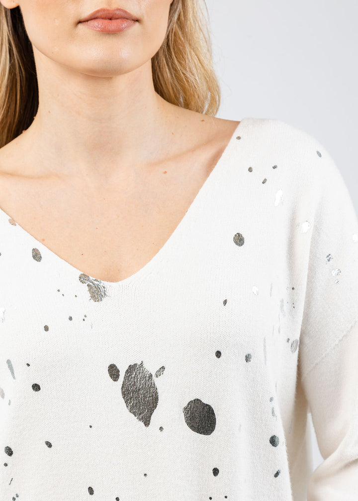 BK Vicky V-Neck Foil Splatter Sweater in White Silver available at Barbara Katz