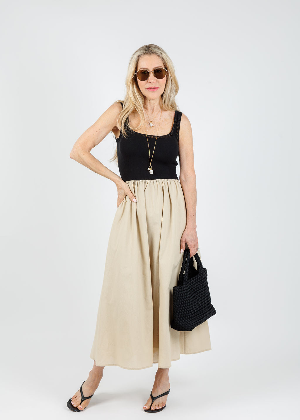 Leah Square Neck Crochet Top Mixed Dress - Natural