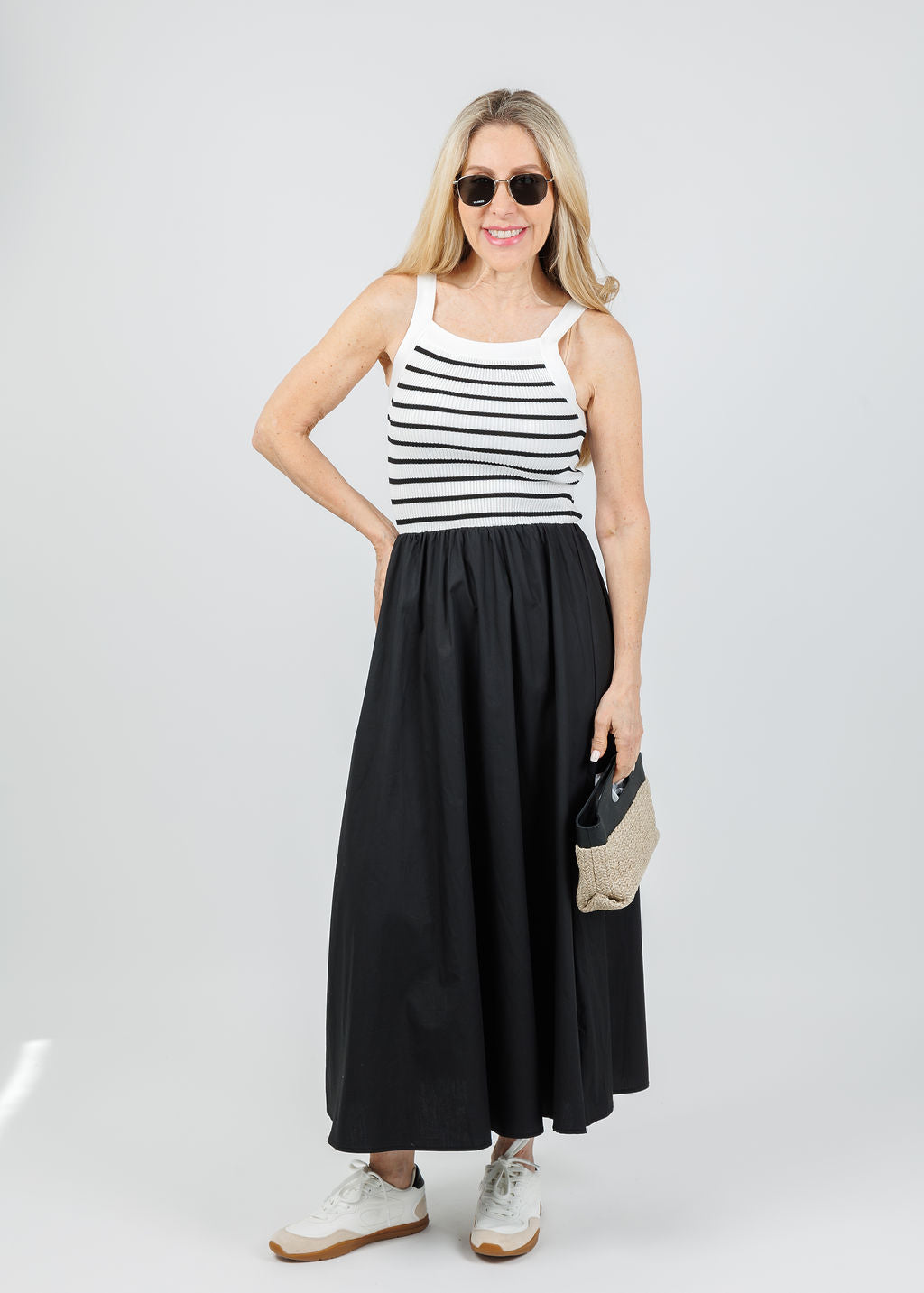BARBARA KATZ Square Neck Sweater Knit Mix Media Midi Dress - Black Black / XS