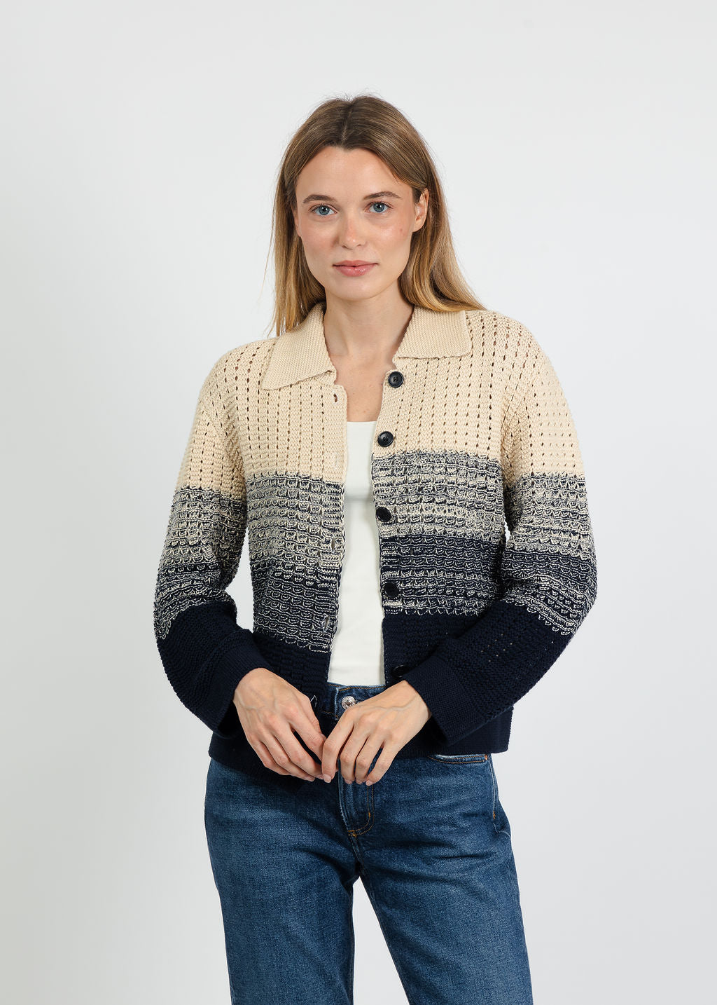 Central Park West Jacy Gradient Crochet Cardigan - Flax/Navy