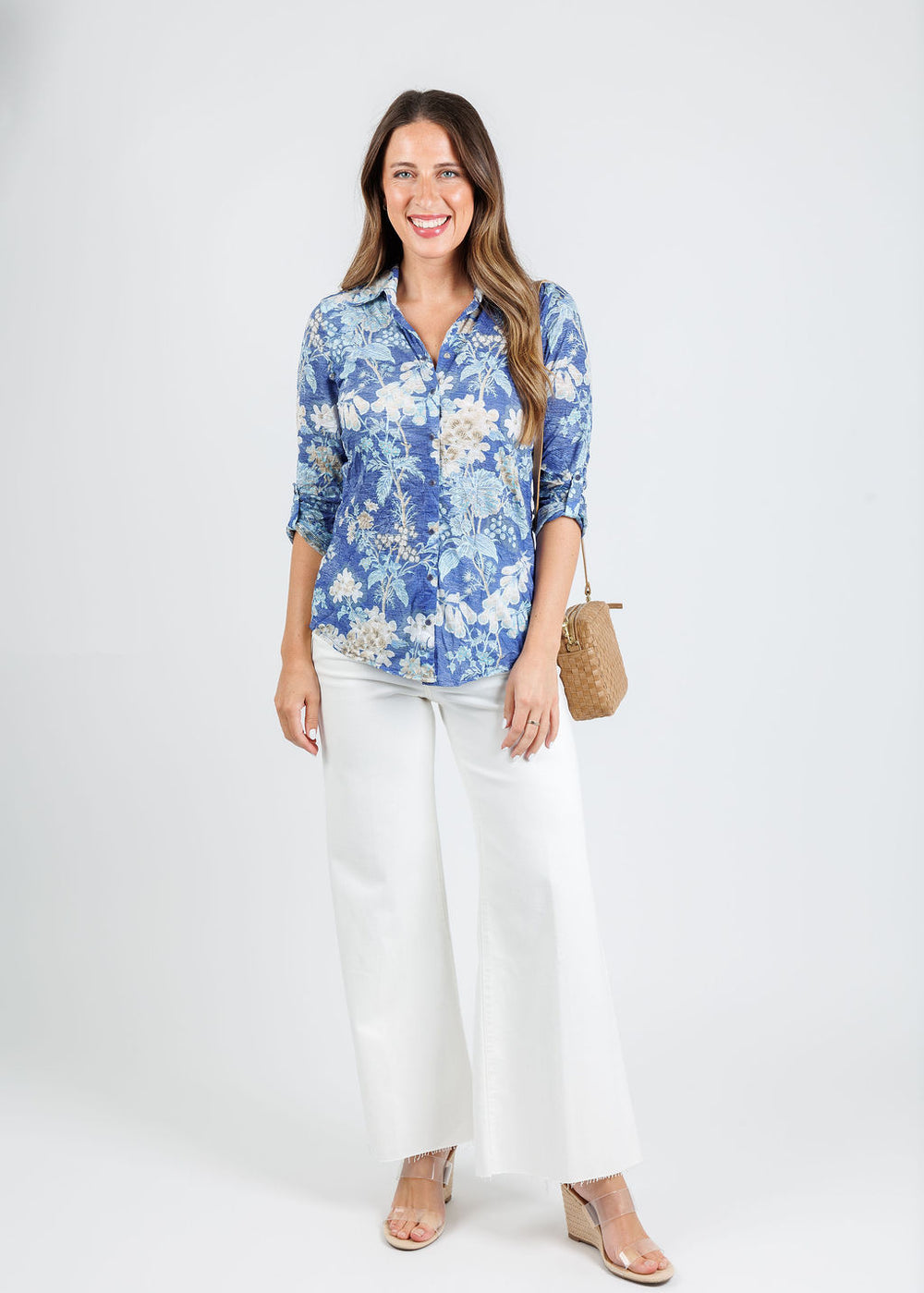 David Cline Enid Roll-Up Shirt in Azure paired with Frame Le Palazzo Crop Jeans in Au Natural Clean Raw After available at Barbara Katz