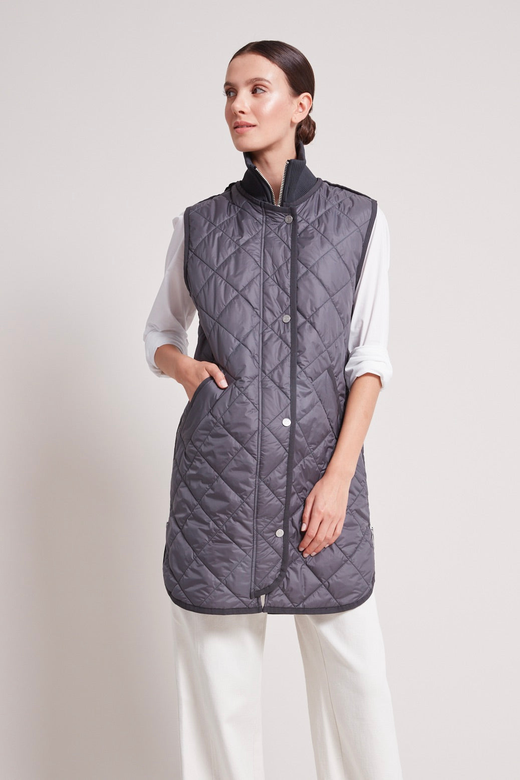 Adroit Atelier Destiny Sleeveless Quilted Vest in Anthracite available at Barbara Katz