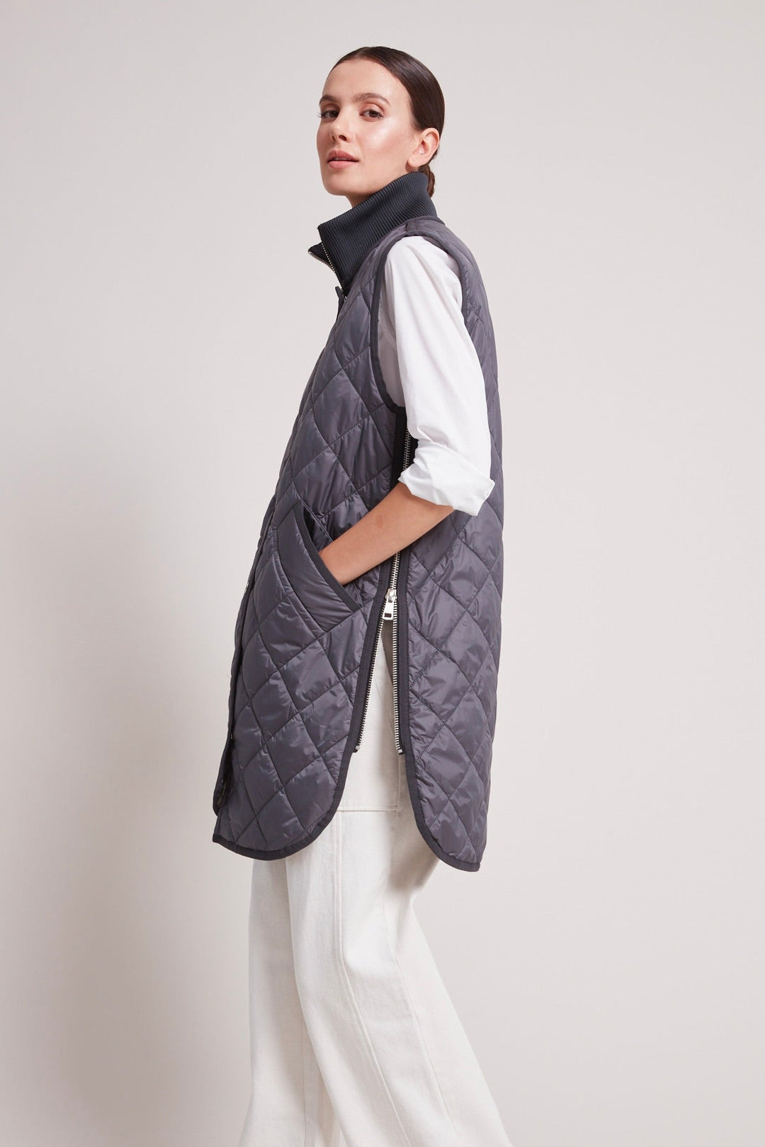 Adroit Atelier Destiny Sleeveless Quilted Vest in Anthracite available at Barbara Katz