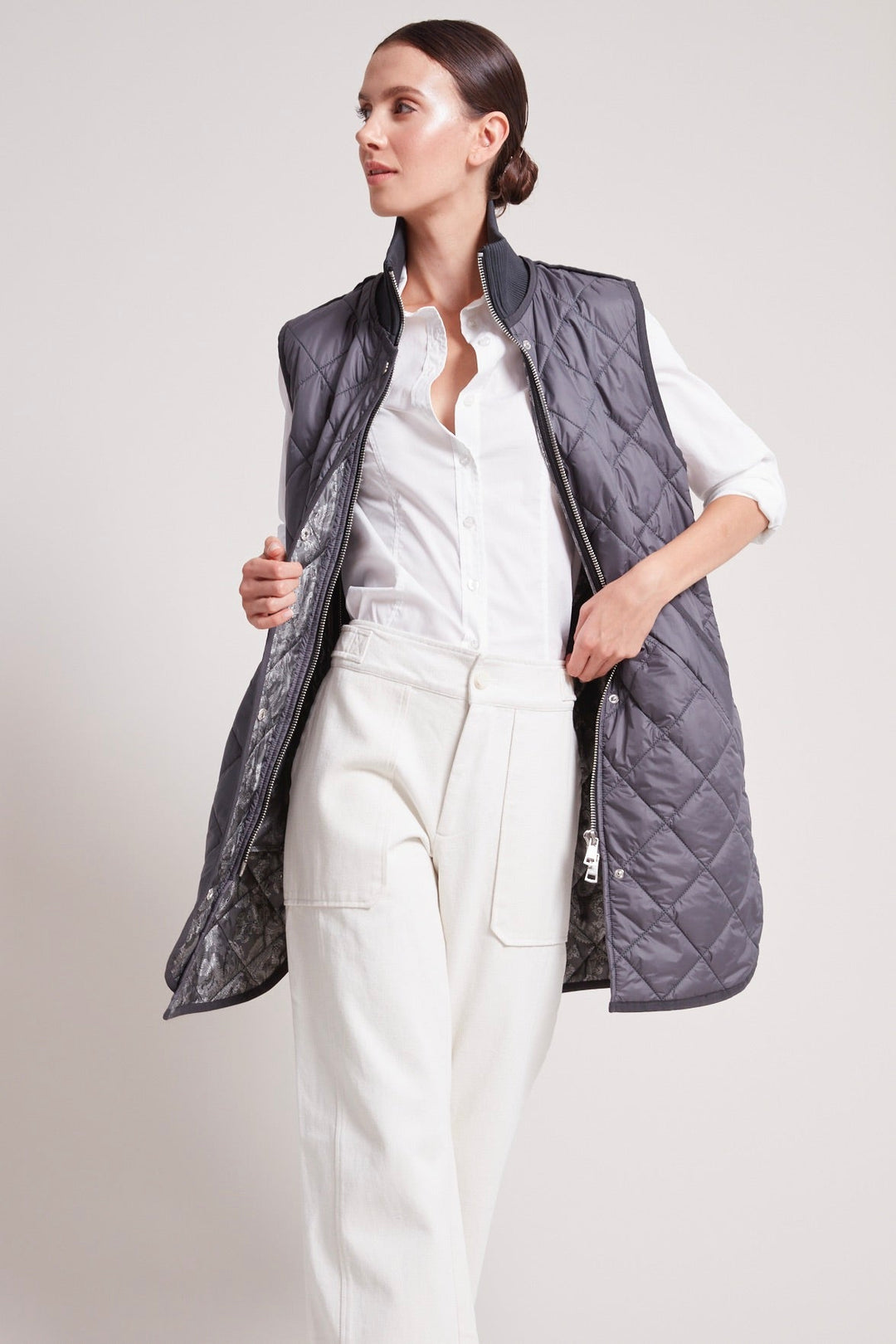 Adroit Atelier Destiny Sleeveless Quilted Vest in Anthracite available at Barbara Katz