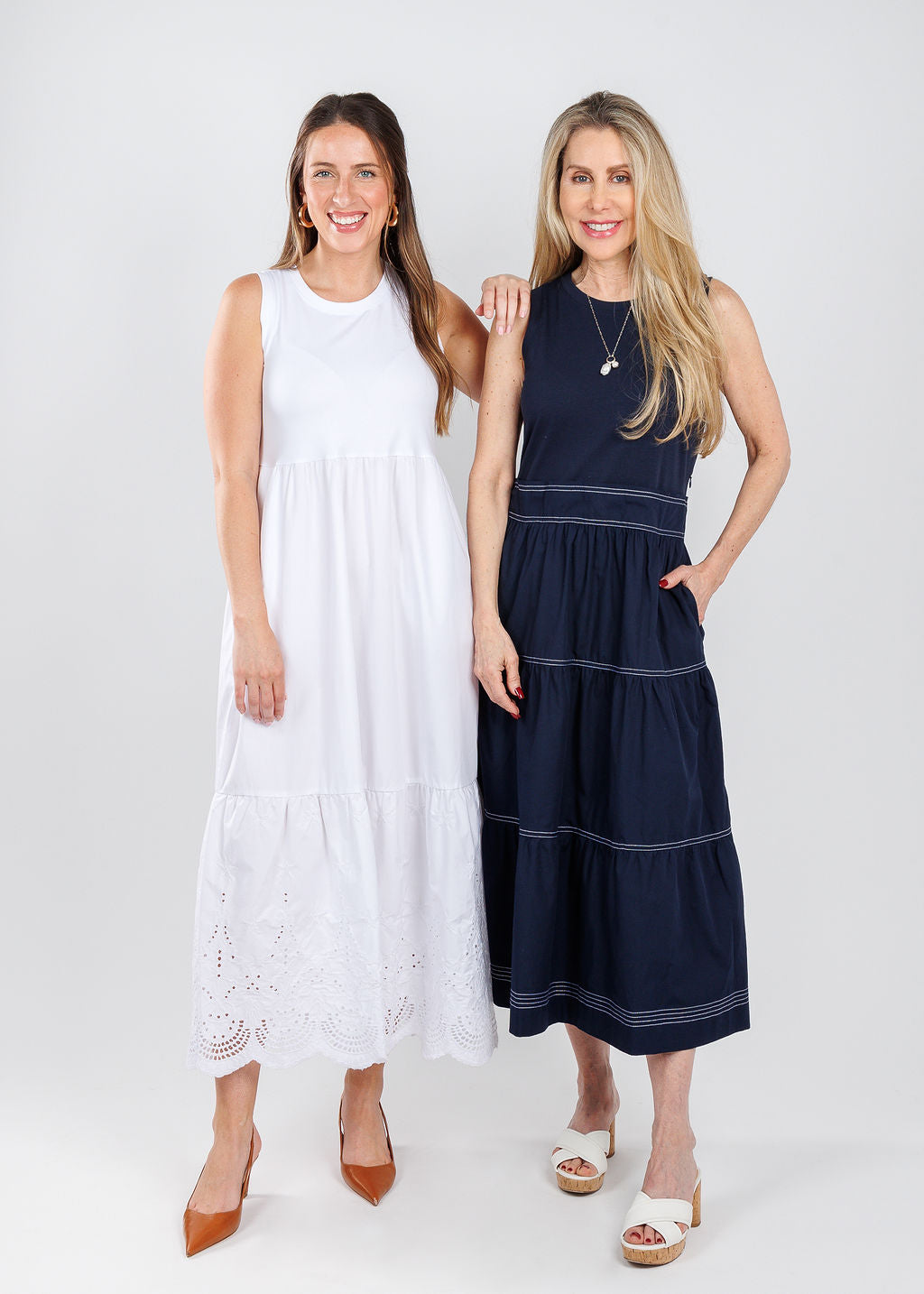 Elliott Lauren White Eyelet Dress in White and Elliott Lauren Stitch Fit Knit Woven Combo Dress in Navy available at Barbara Katz