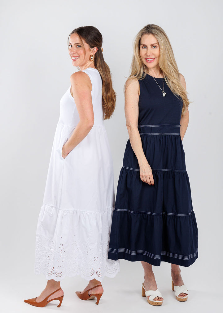 Elliott Lauren White Eyelet Dress in White and Elliott Lauren Stitch Fit Knit Woven Combo Dress in Navy available at Barbara Katz