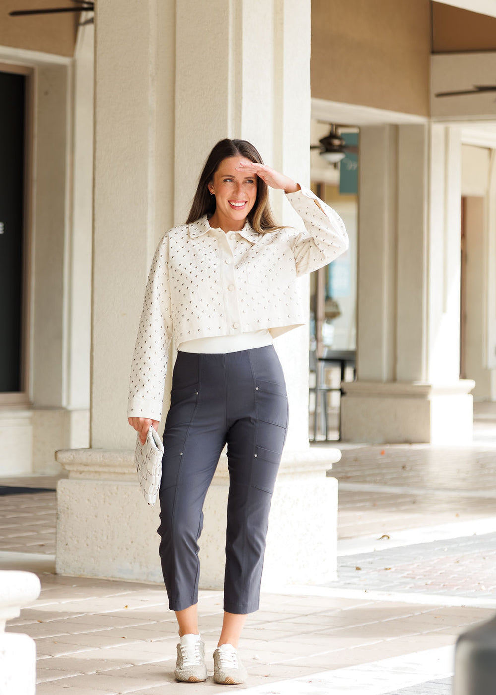 Marealla Benito Jacket - Optical White paired with Elliott Lauren FW 25 Crop Cargo Pants in Anthracite Gray available at Barbara Katz