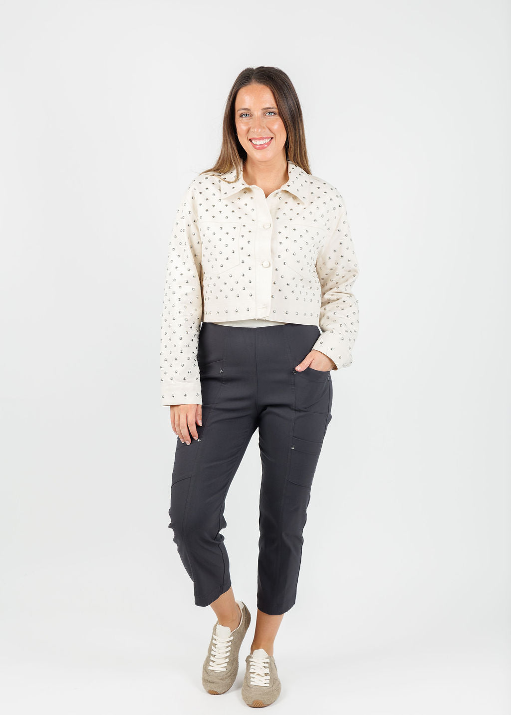 Marella Benito Jacket in Optical White paired with Elliott Lauren FW 25 Crop Cargo Pants in Anthracite available at Barbara Katz