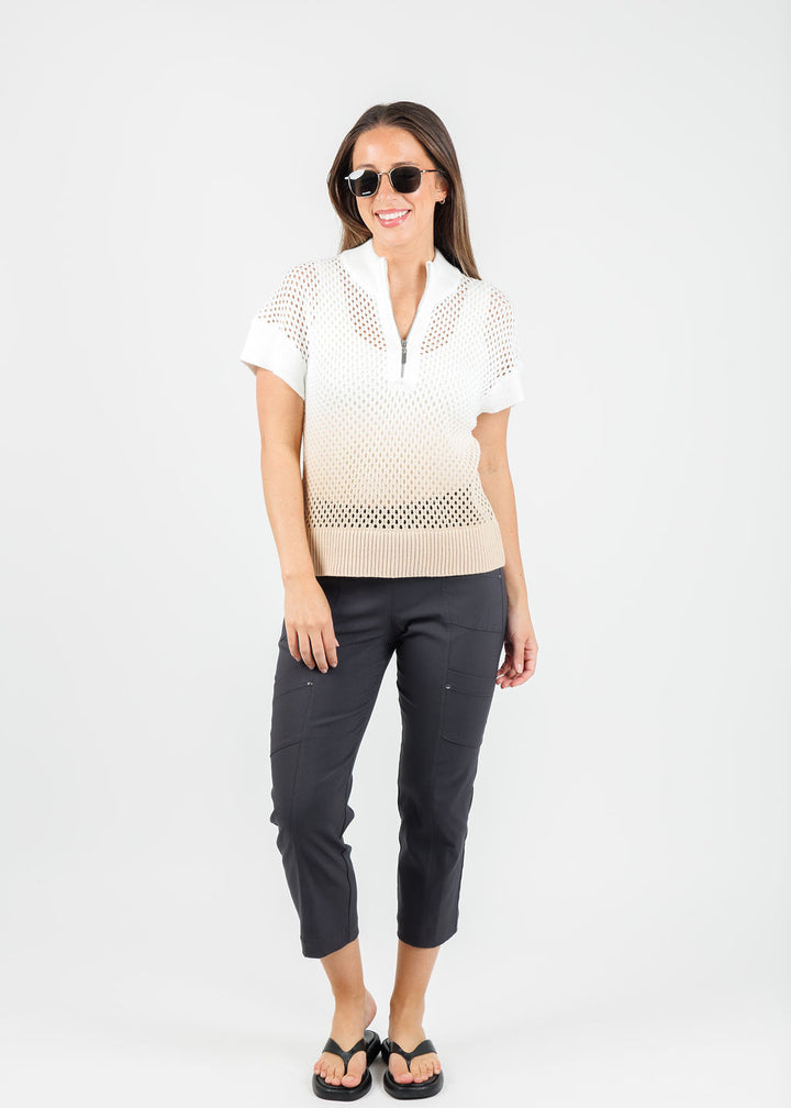 J Society Mesh Ombre Zip Cap Sleeve Sweater in Sand paired with Elliott Lauren FW 25 Crop Cargo Pants in Anthracite available at Barbara Katz