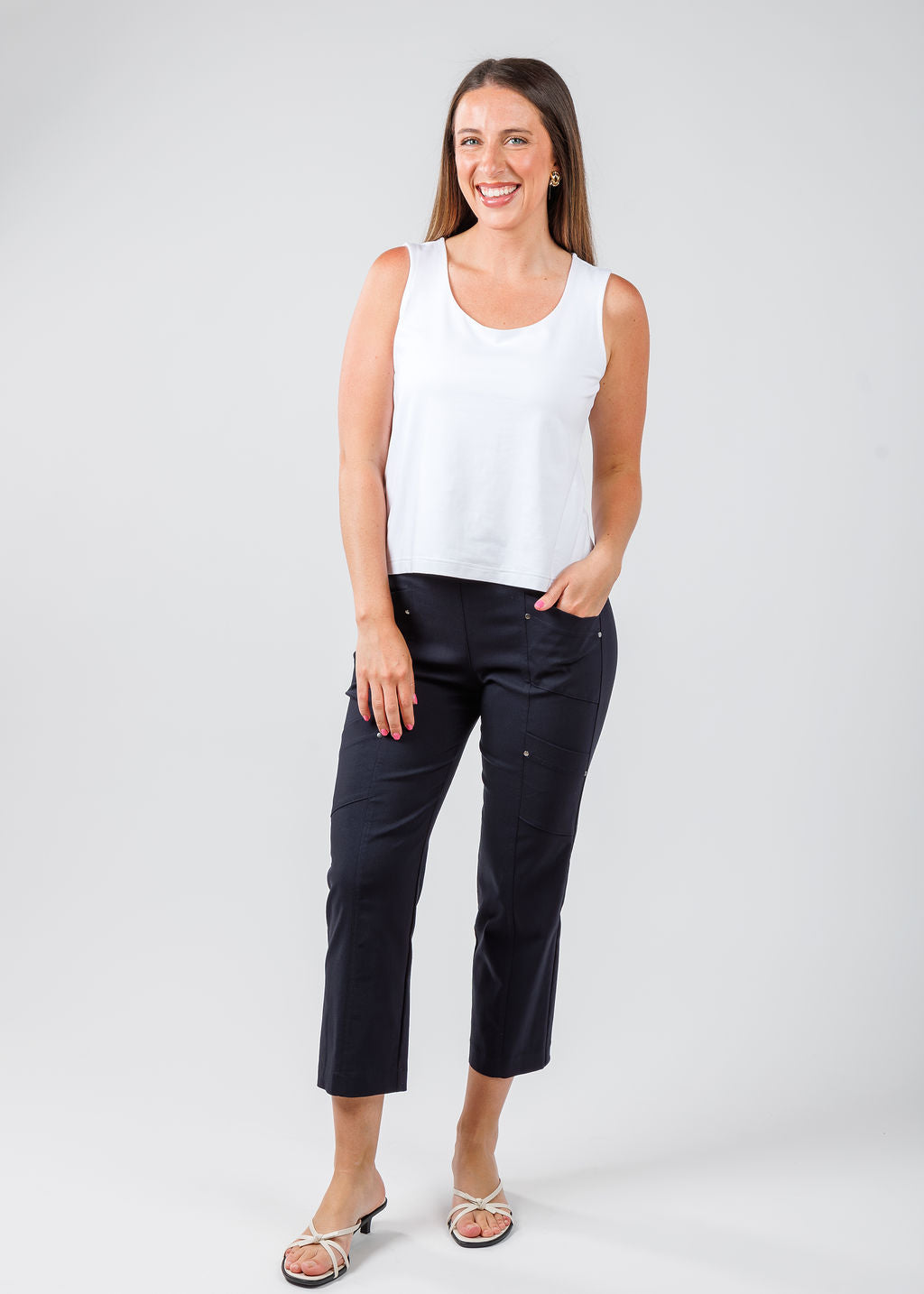 Hinson Wu Sleeveless Scoop Tank Top in White paired with Elliott Lauren FW 25 Crop Cargo Pants in Navy available at Barbara Katz