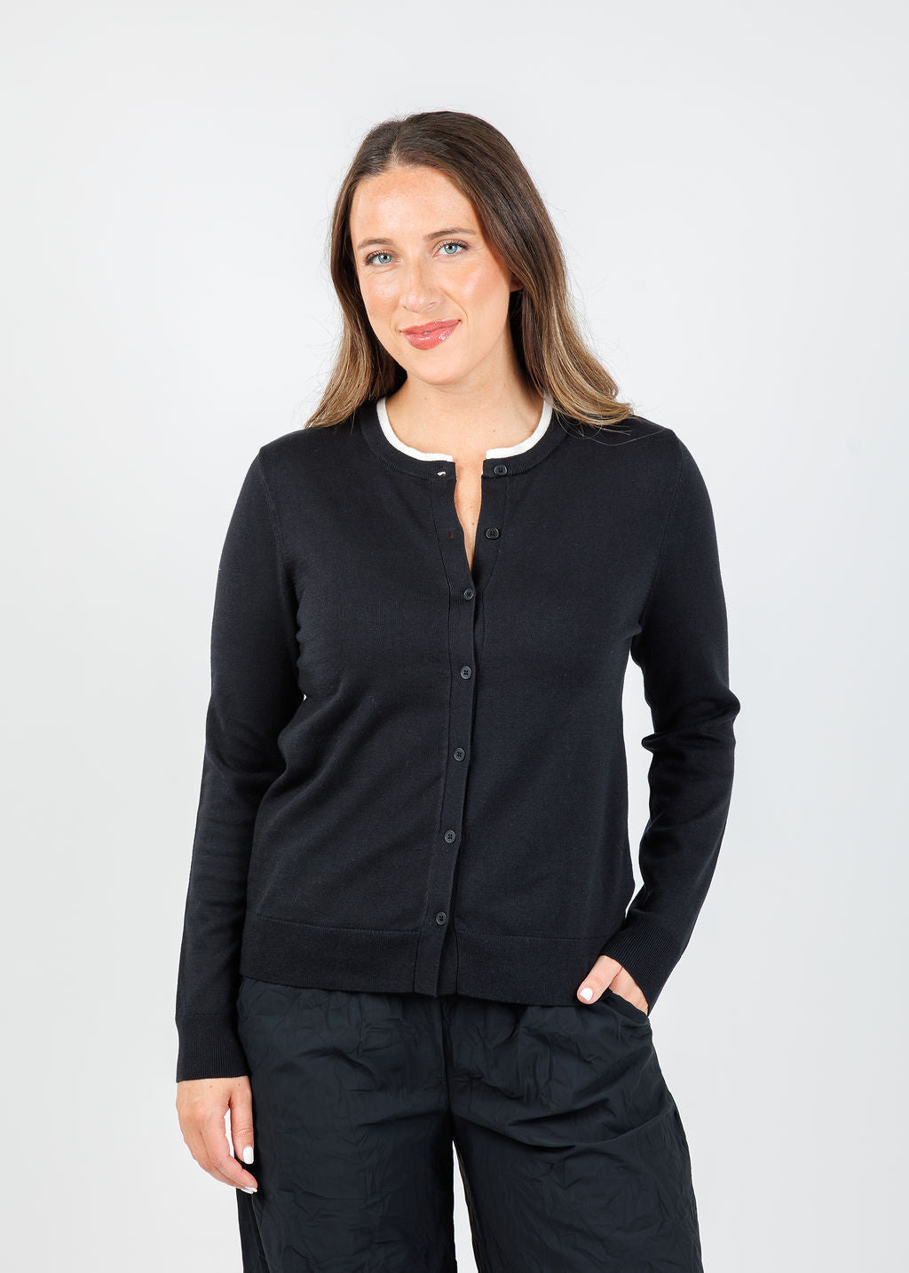 Elliott Lauren Double Layer Cardigan in Black available at Barbara Katz