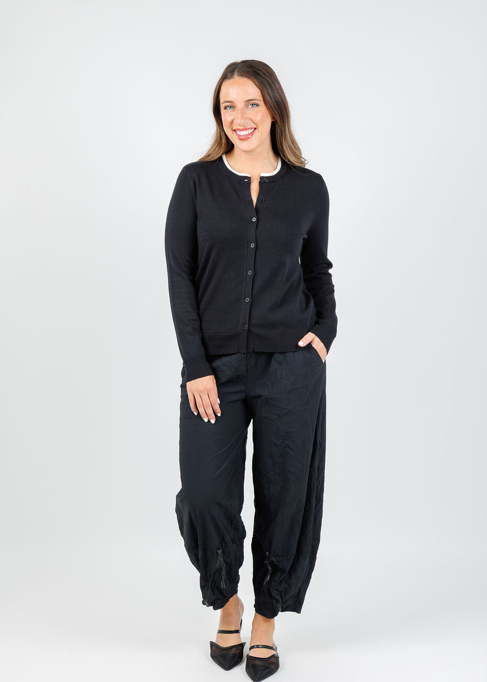 Elliott Lauren Double Layer Cardigan in Black available at Barbara Katz
