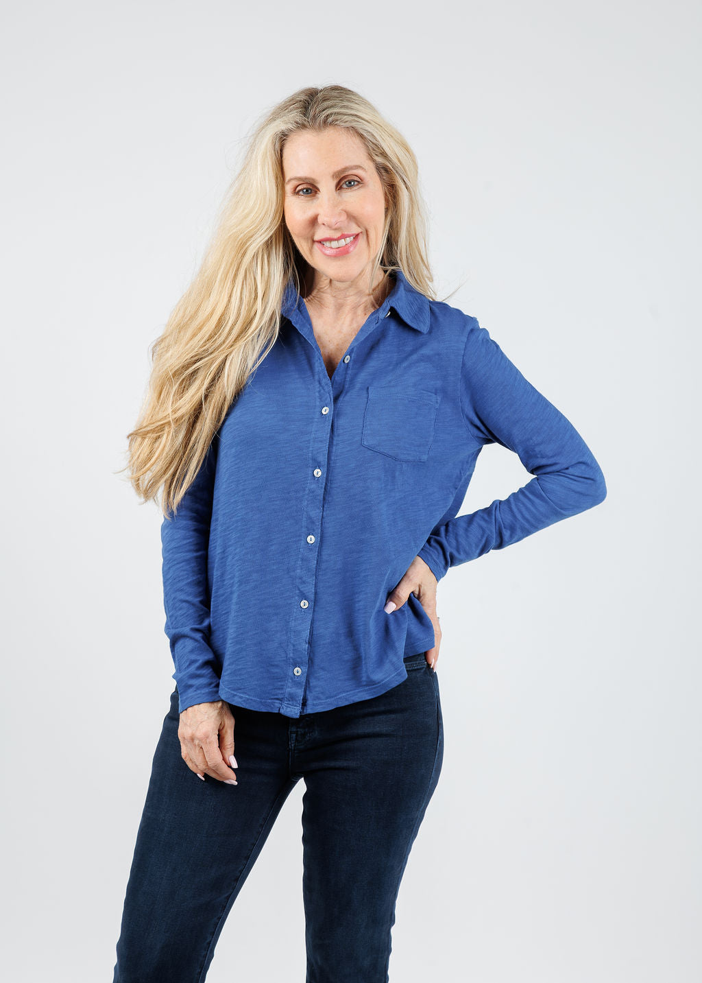 Elliott Lauren Reese Long Sleeve Button Front Shirt in Lapis available at Barbara Katz