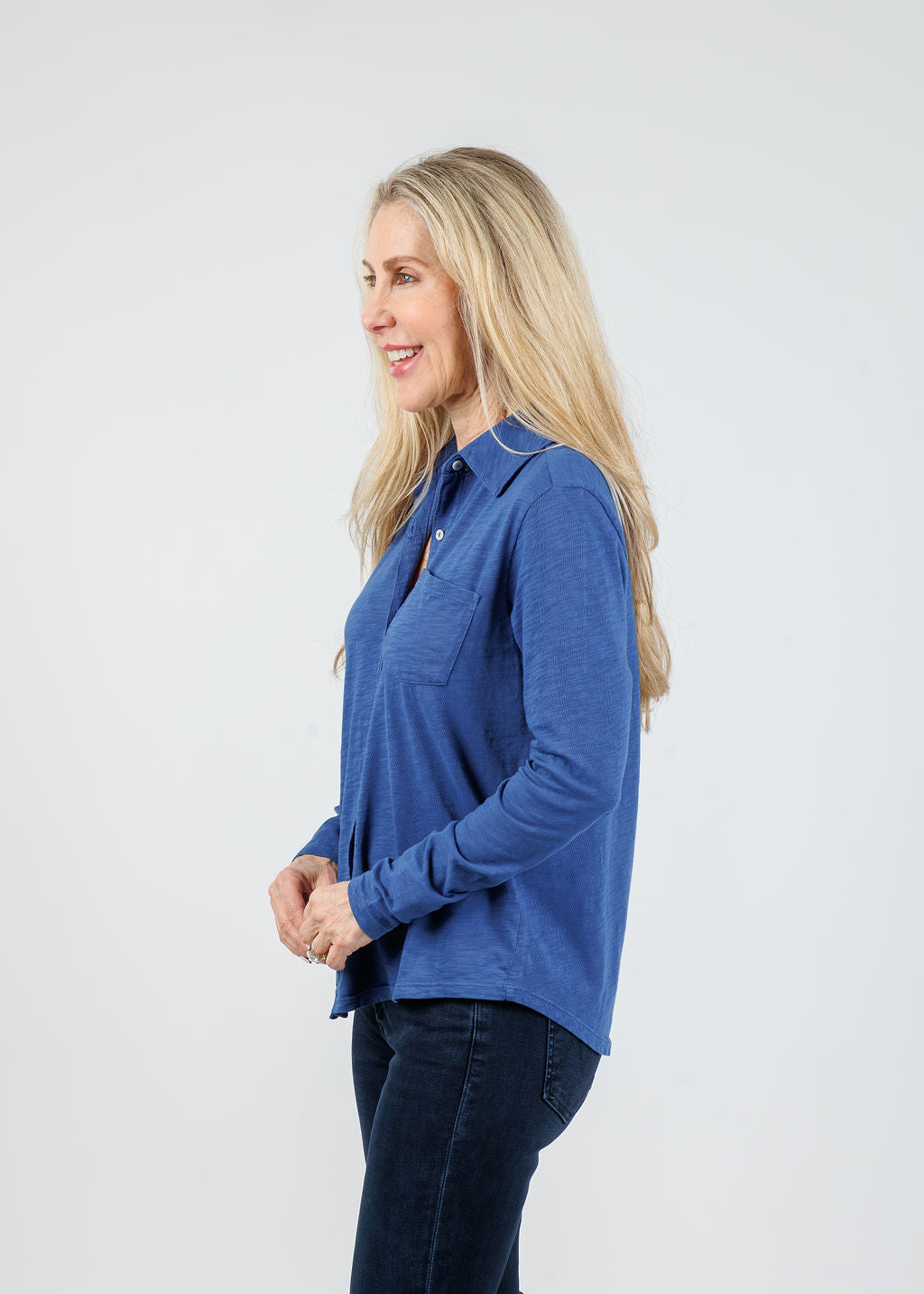 Elliott Lauren Reese Long Sleeve Button Front Shirt in Lapis available at Barbara Katz
