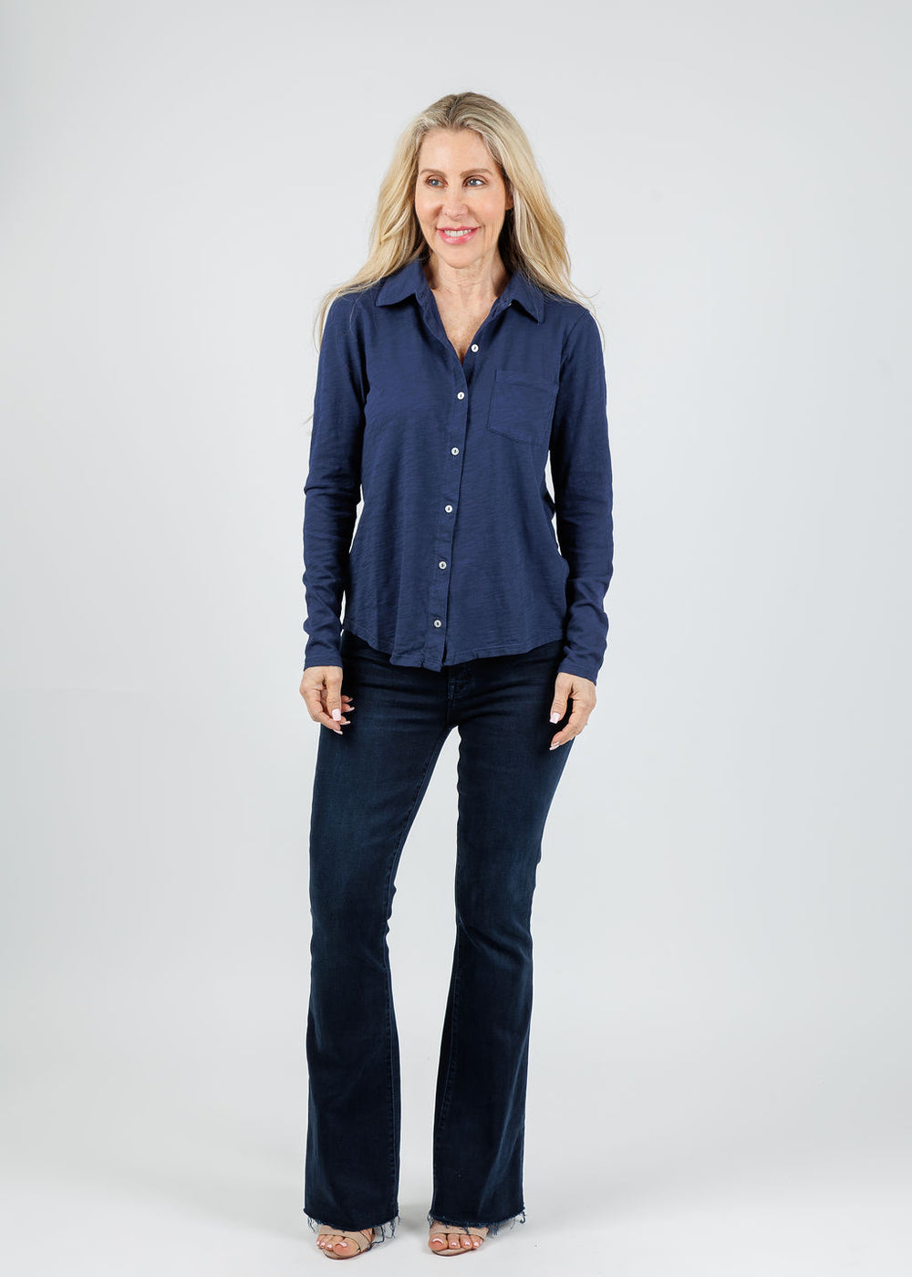 Elliott Lauren Reese Long Sleeve Button Front Shirt in MIdnight available at Barbara Katz