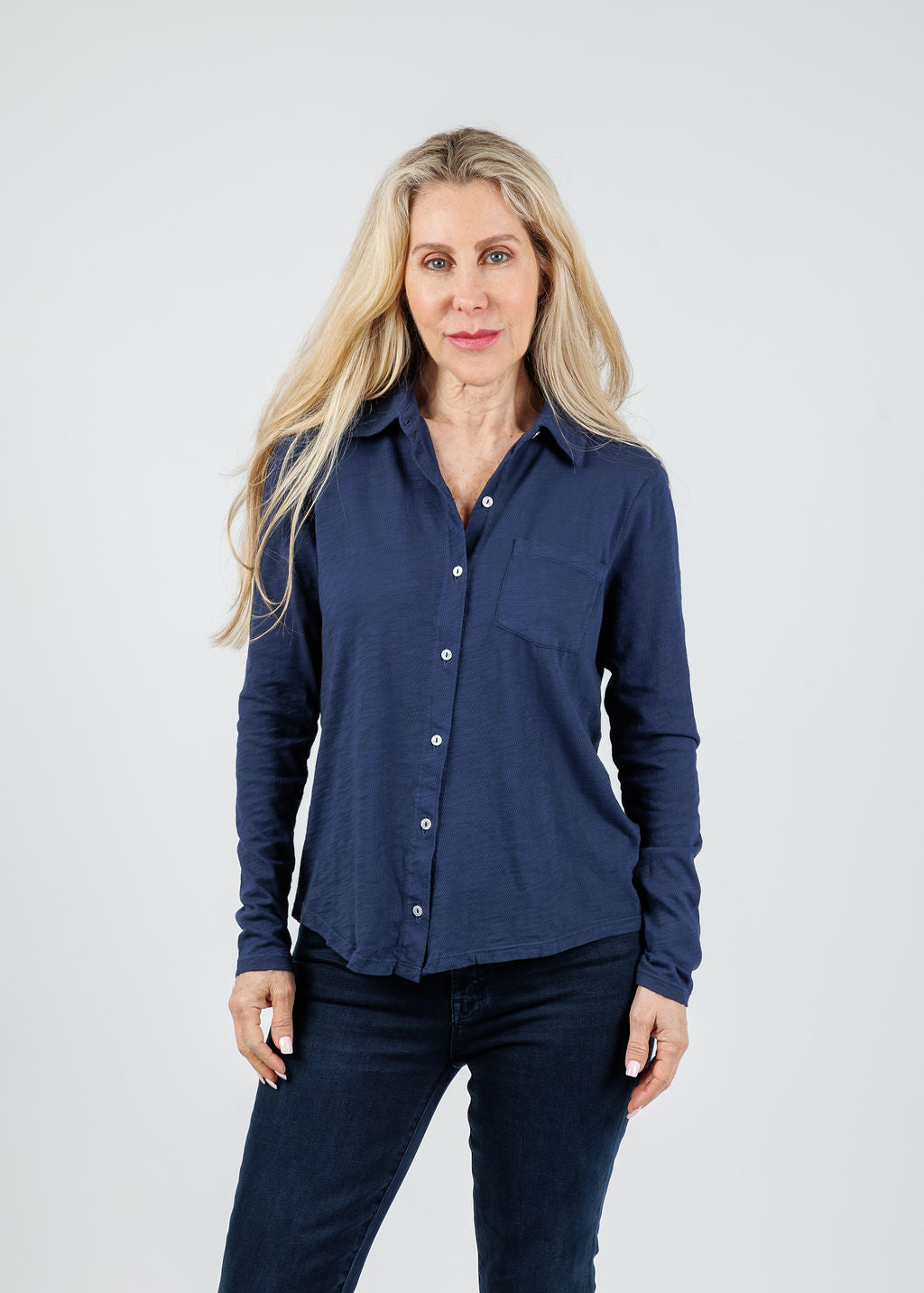 Elliott Lauren Reese Long Sleeve Button Front Shirt in MIdnight available at Barbara Katz