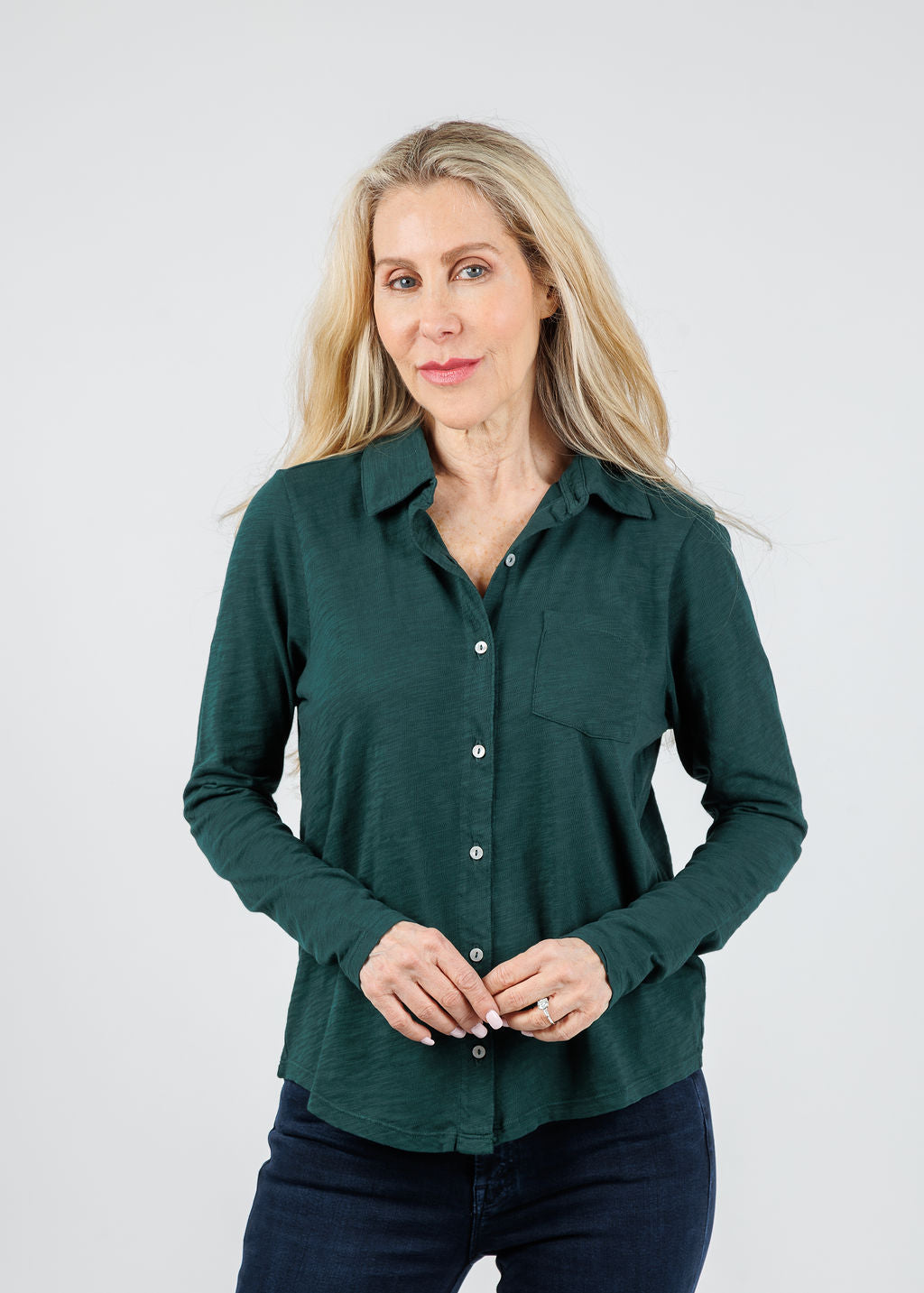 Elliott Lauren Reese Long Sleeve Button Front Shirt in Pine available at Barbara Katz