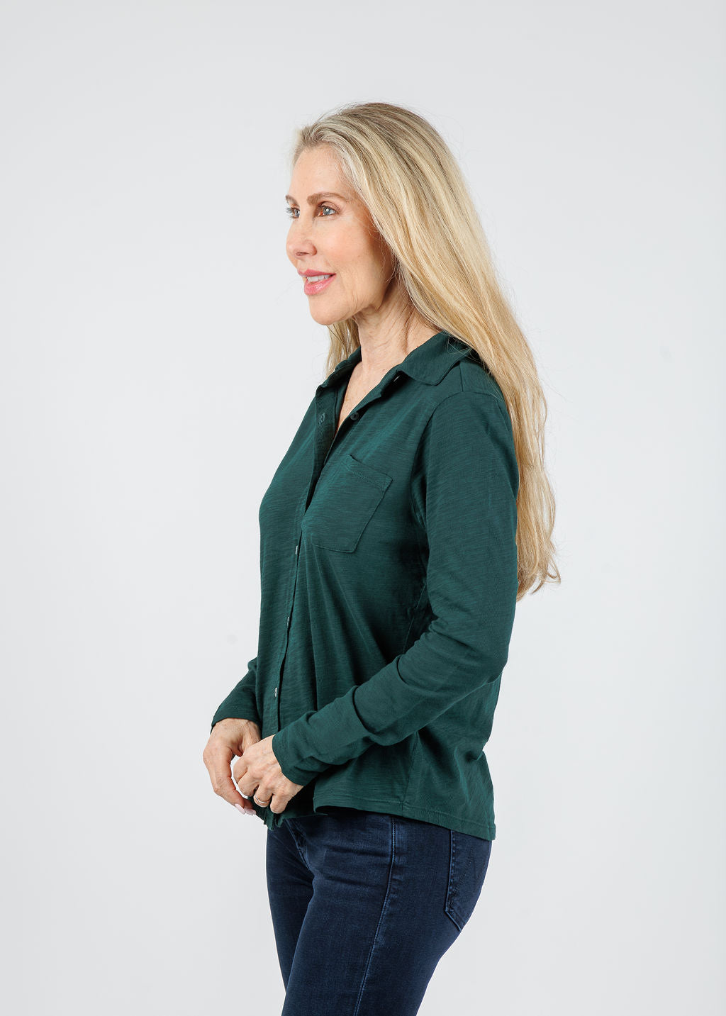 Elliott Lauren Reese Long Sleeve Button Front Shirt in Pine available at Barbara Katz
