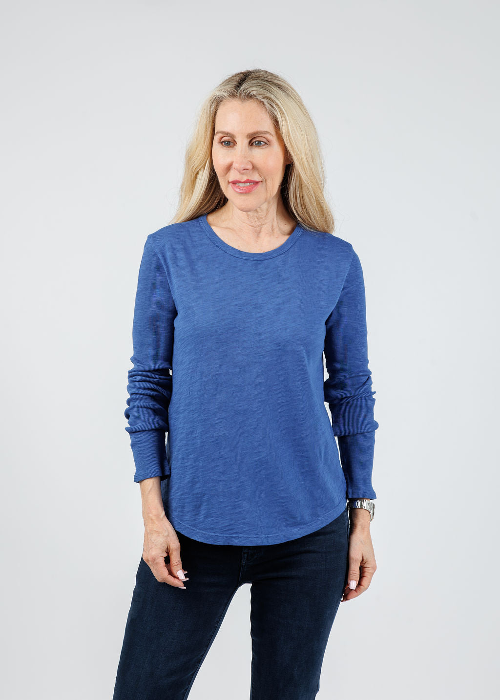 Elliott Lauren Tracy Long Rib Sleeve Tee in Lapis available at Barbara Katz