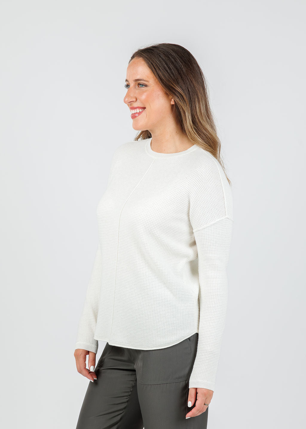 Elliott Lauren Waffle Crew Sweater in Flour available at Barbara Katz
