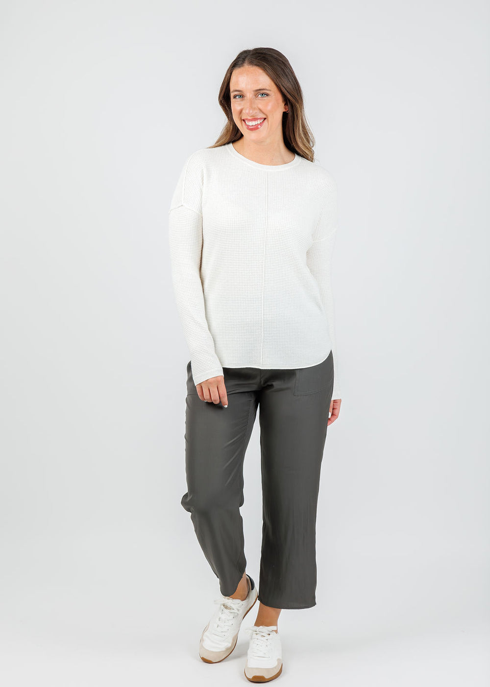 Elliott Lauren Waffle Crew Sweater in Flour available at Barbara Katz