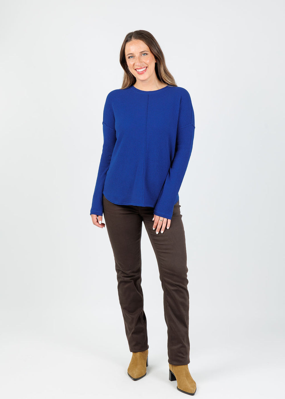 Elliott Lauren Waffle Crew Sweater in Sapphire available at Barbara Katz