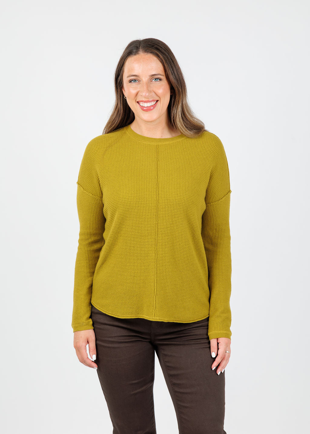 Elliott Lauren Waffle Crew Sweater in Wasabi available at Barbara Katz