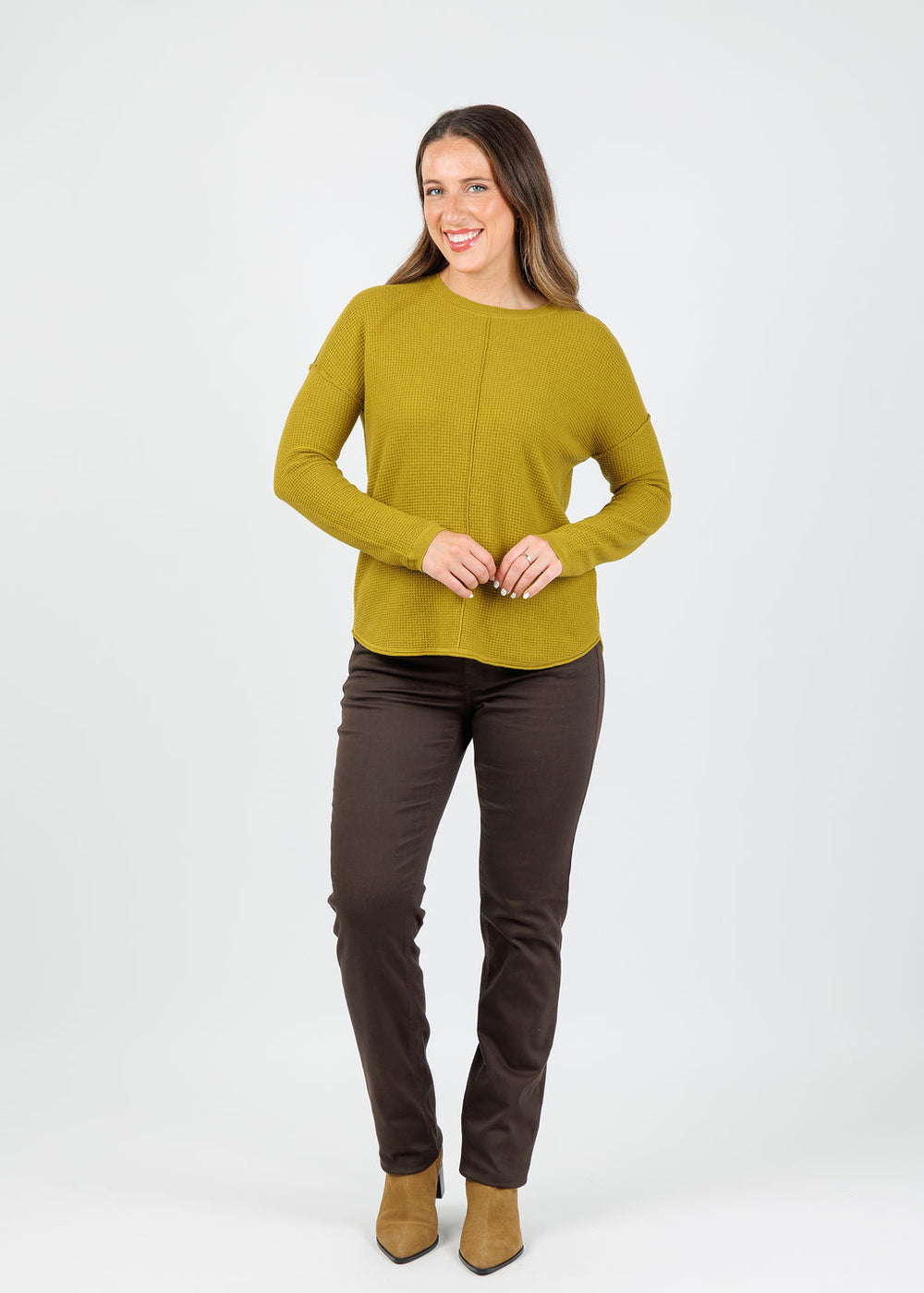 Elliott Lauren Waffle Crew Sweater in Wasabi available at Barbara Katz