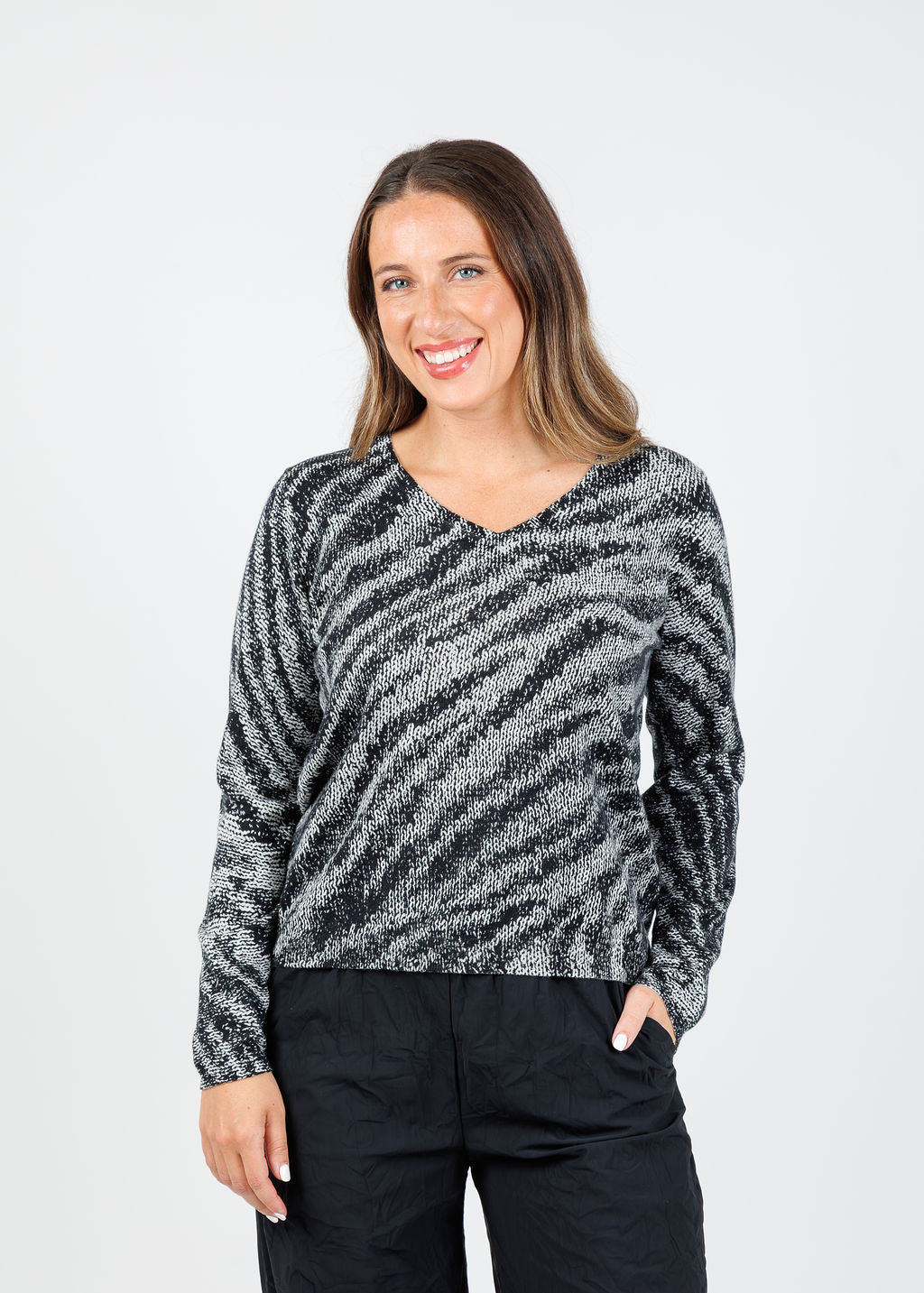 Elliott Lauren Zebra Crossing V Neck Top in Grey available at Barbara Katz