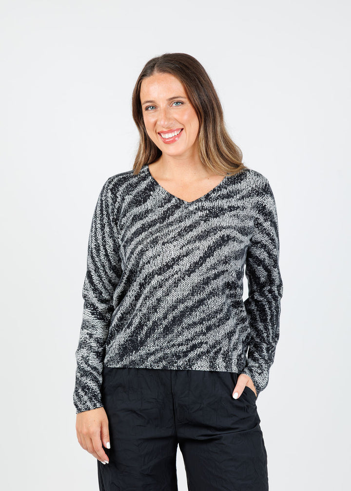 Elliott Lauren Zebra Crossing V Neck Top in Grey available at Barbara Katz