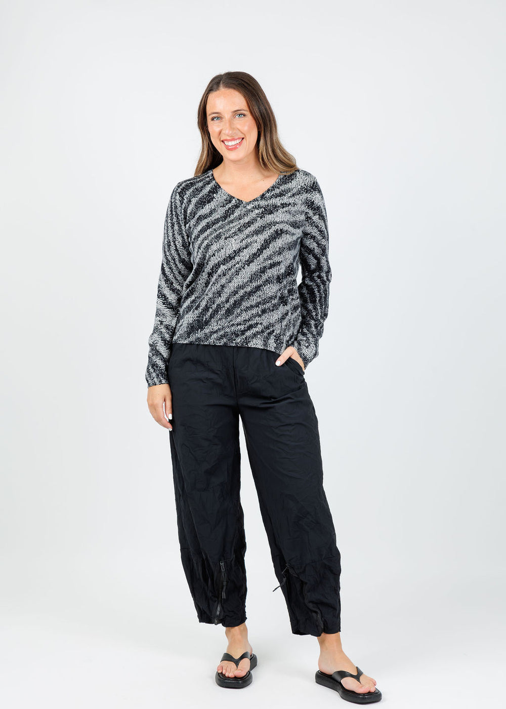 Elliott Lauren Zebra Crossing V Neck Top in Grey available at Barbara Katz