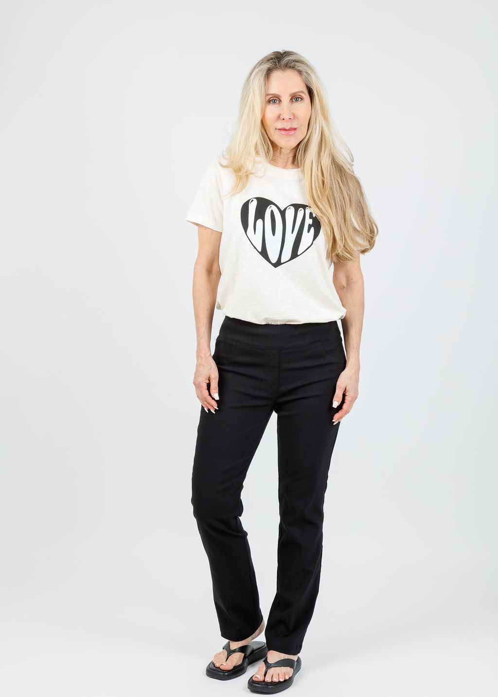 Lisa Todd Hello Love Tee in Puff paired with Elliott Lauren Control Stretch Faux Jeans in Black available at Barbara Katz