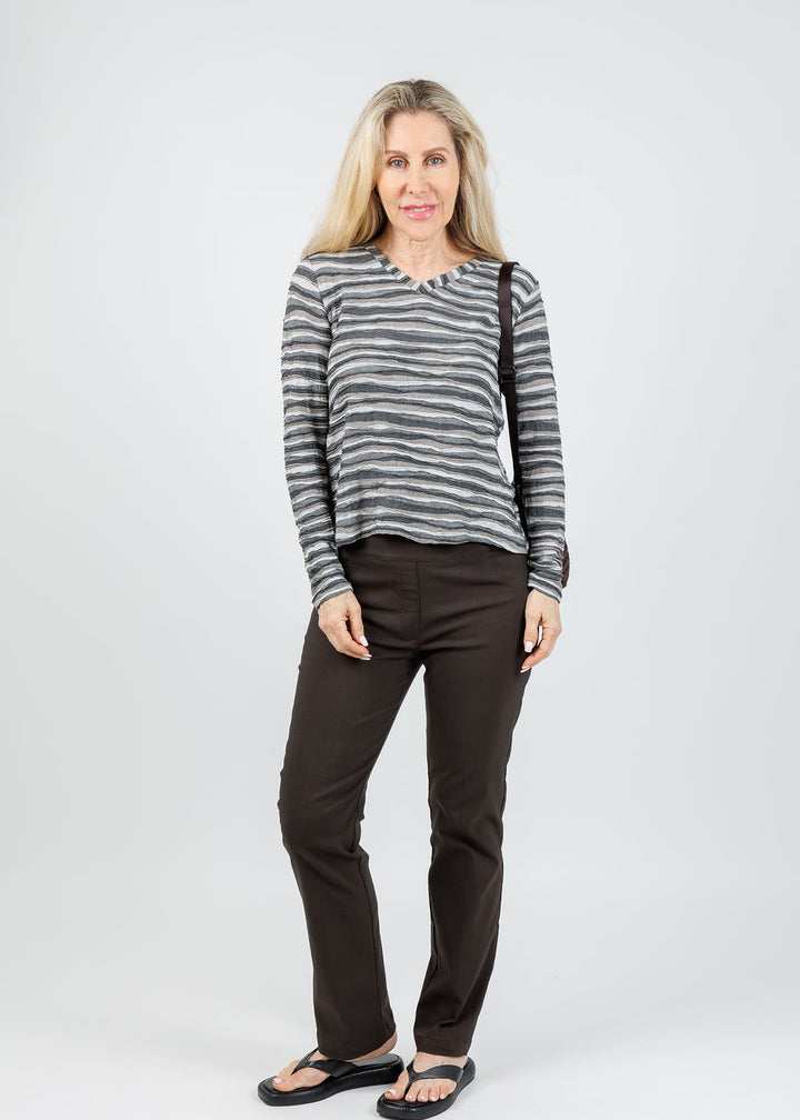 Elliott Lauren Silver Lining V-Neck Top in Grey paired with Elliott Lauren Control Stretch Faux Jeans in Chocolate available at Barbara Katz