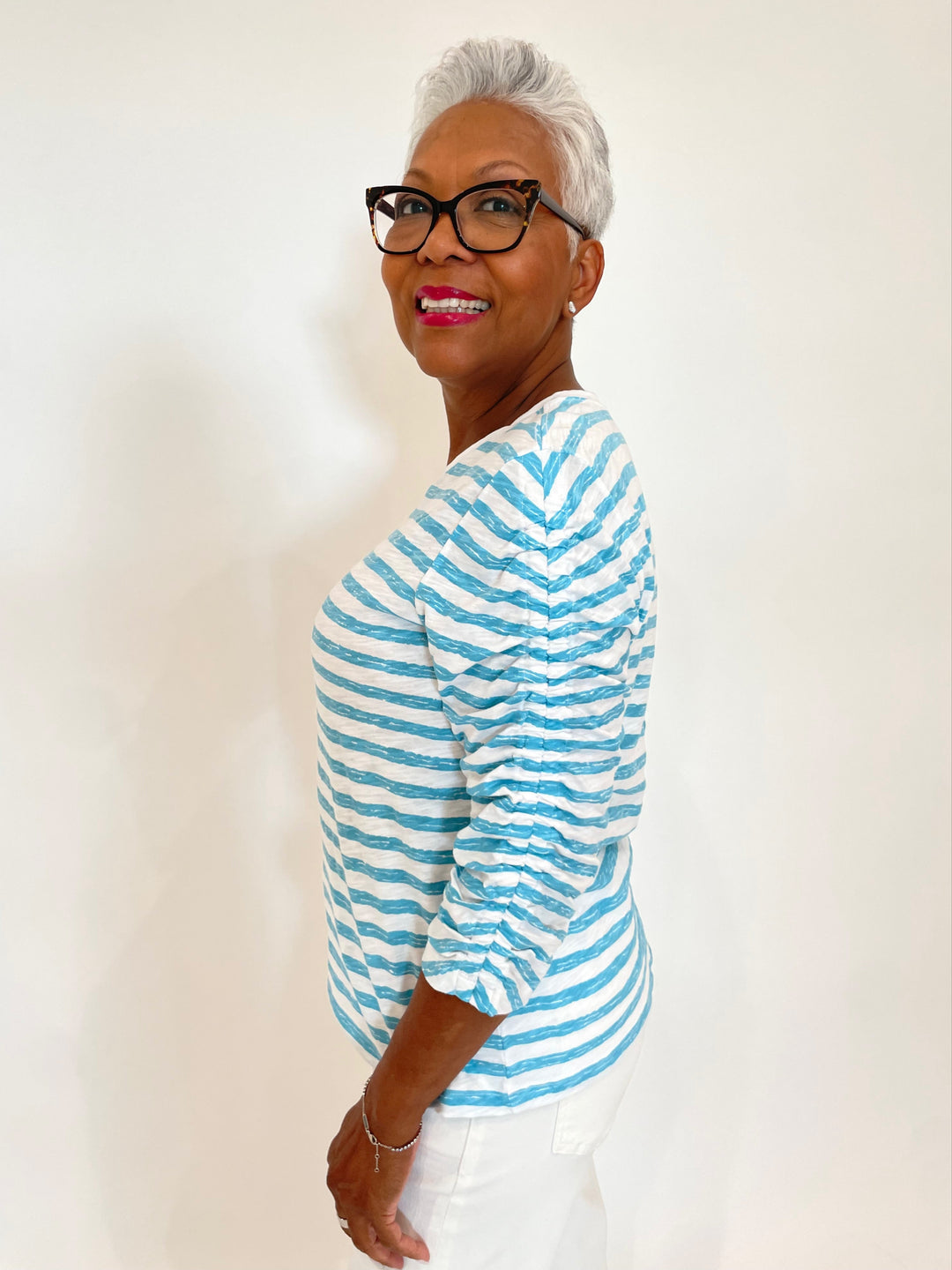 Elliott Lauren Stripe Ruched Sleeve Tee in Turquoise/White available at Barbara Katz