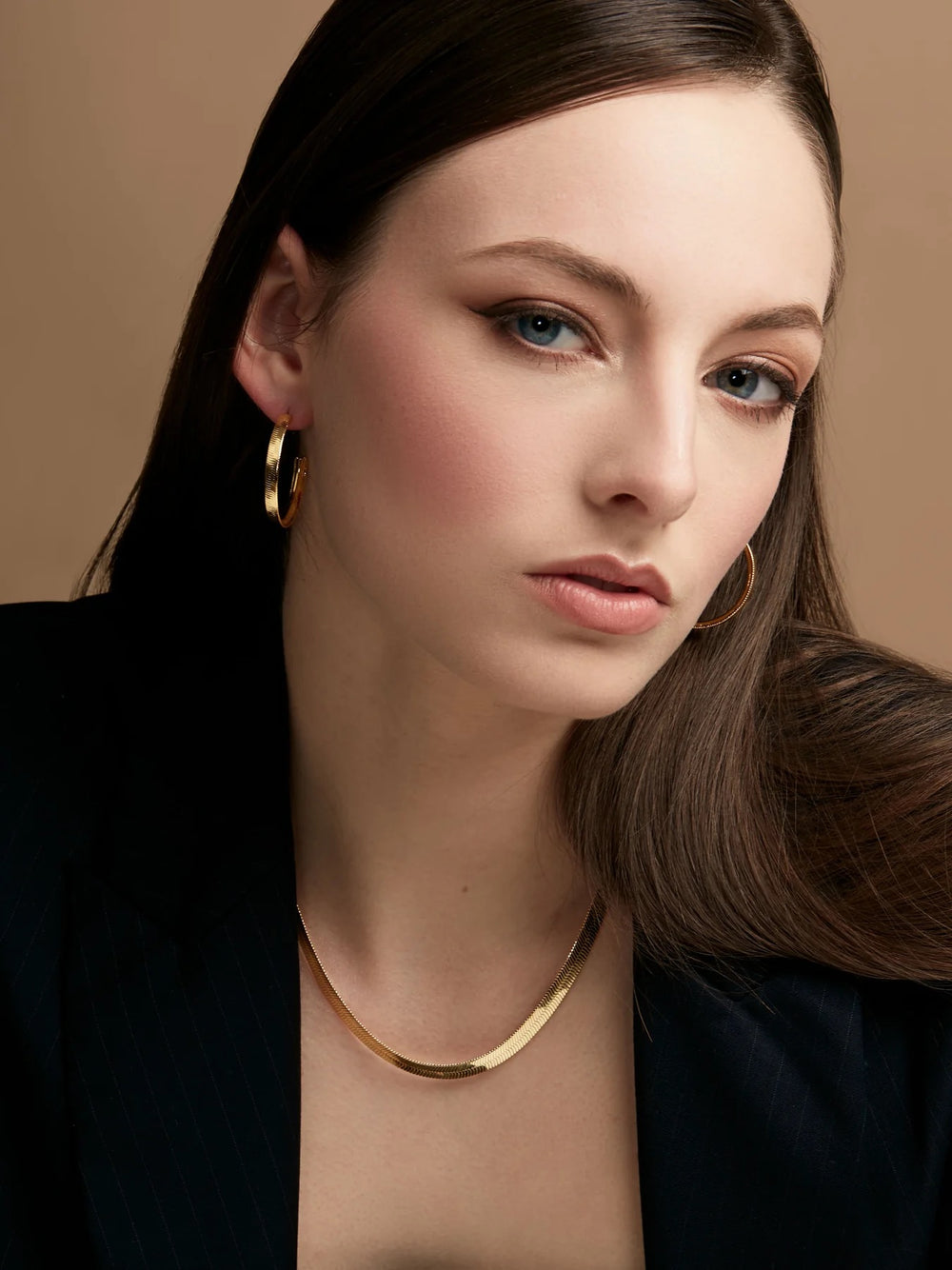 Barbara Katz Jewelry Gold Herringbone Chain Hoop Earrings