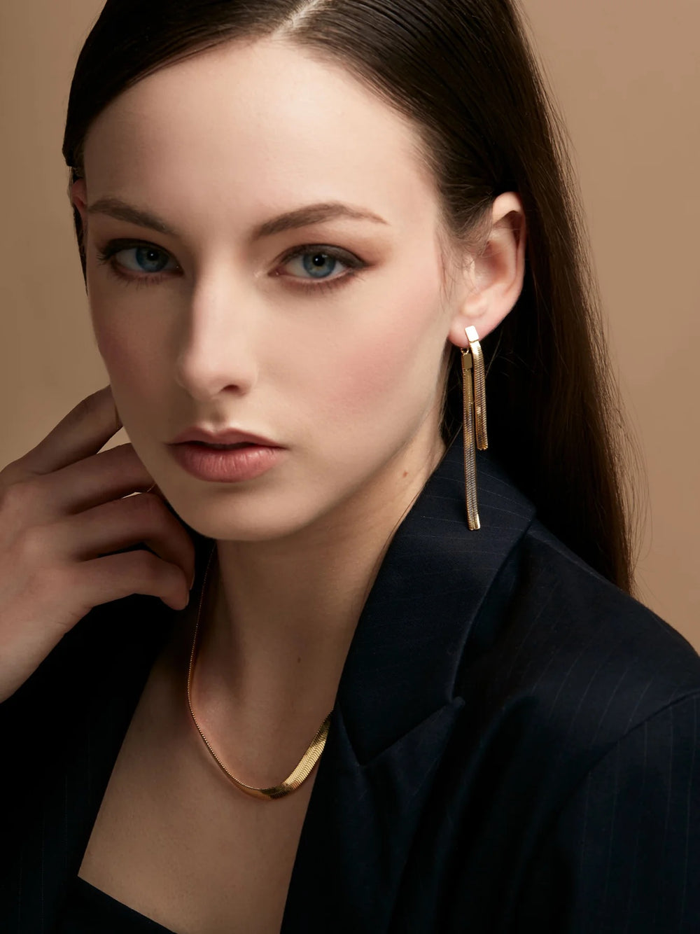 Barbara Katz Jewelry Gold Herringbone Front Back Double Drop Earring