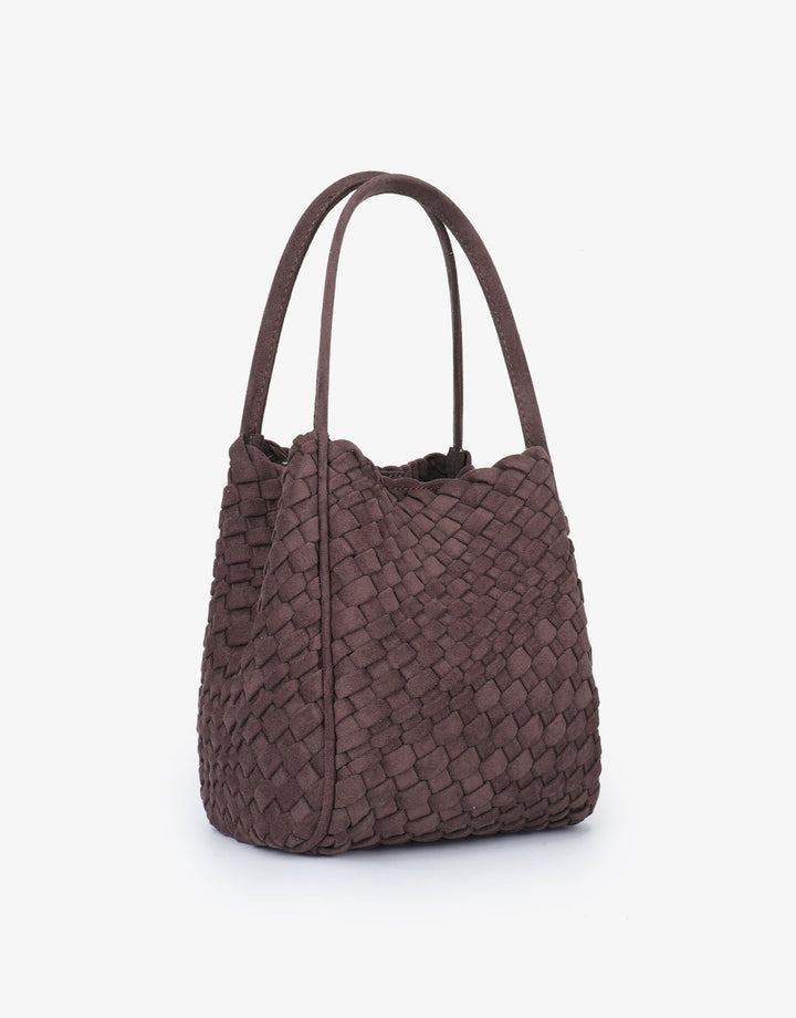 Remi/Reid Hollace Faux Suede Mini Woven Tote Bag in Espresso available at Barbara Katz