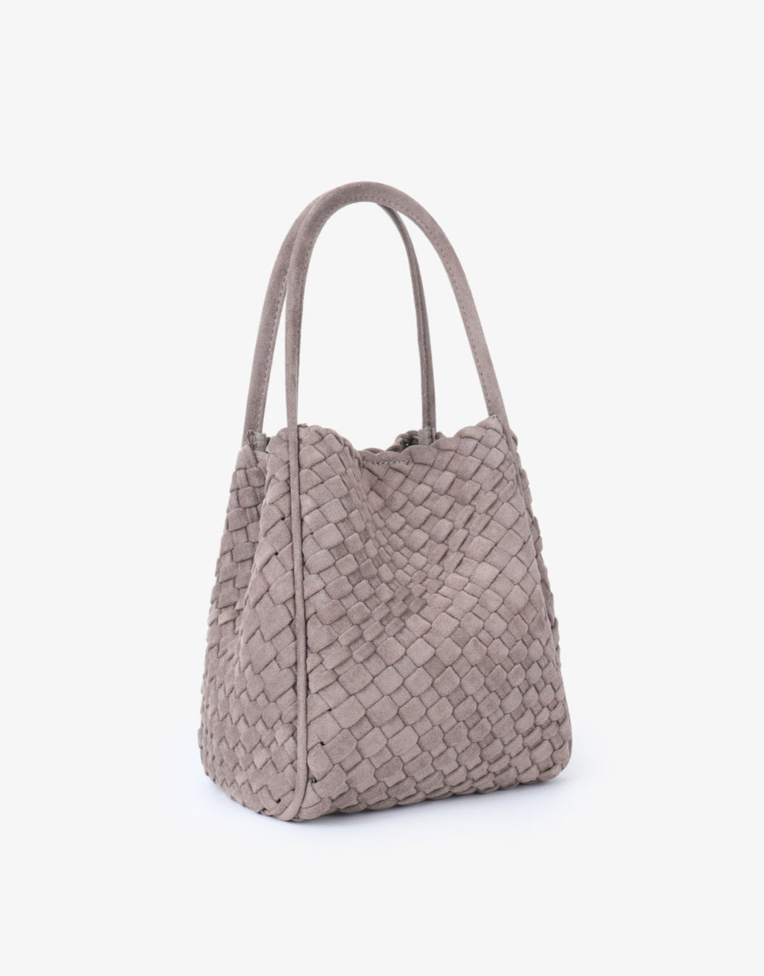 Remi/Reid Hollace Faux Suede Mini Woven Tote Bag in Dark Taupe available at Barbara Katz