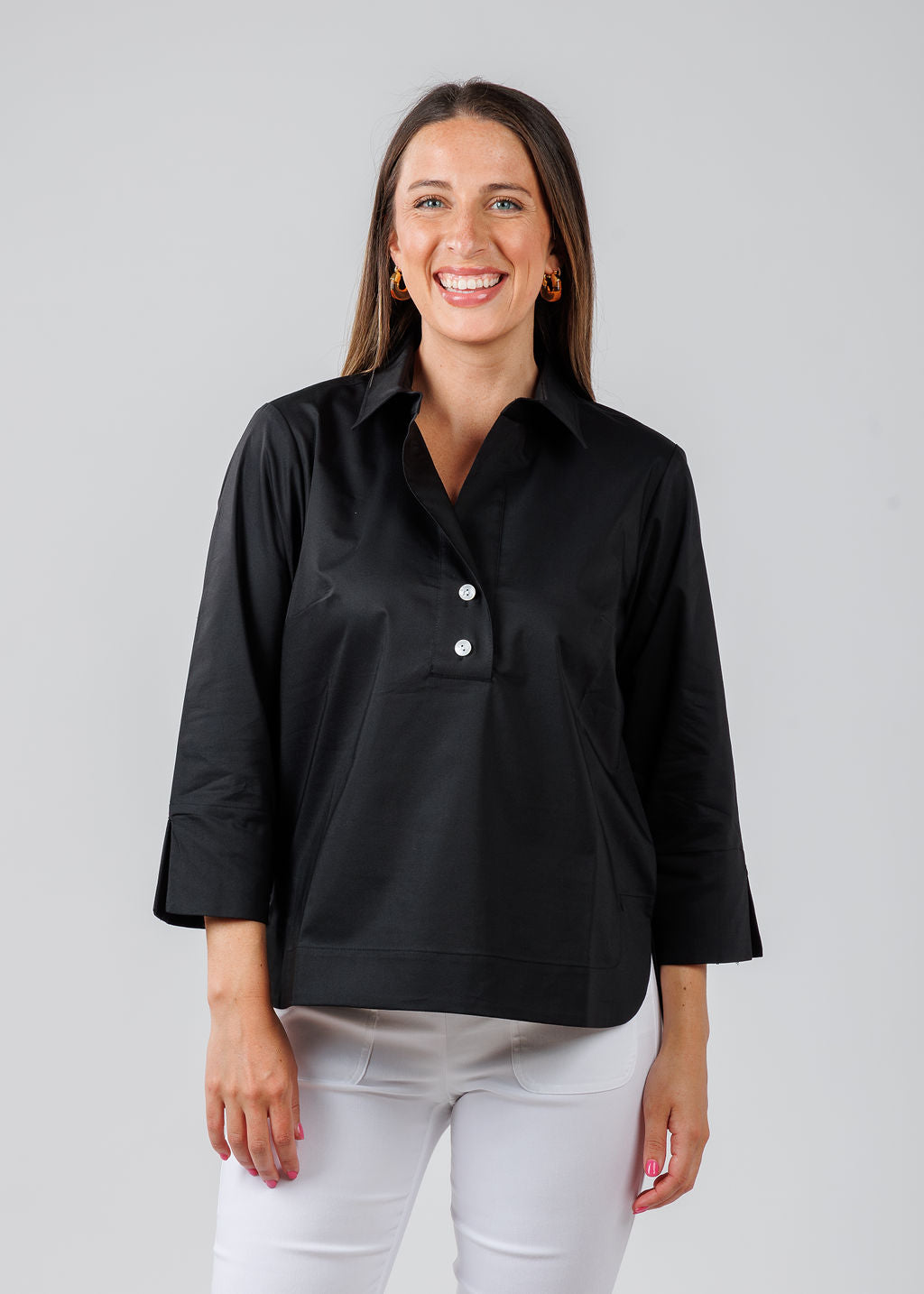 Hinson Wu Aileen 3/4 Sleeve Button Back Top - Black – Barbara Katz