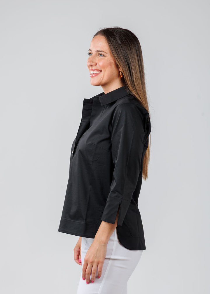 Hinson Wu Aileen 3/4 Sleeve Button Back Top in Black available at Barbara Katz