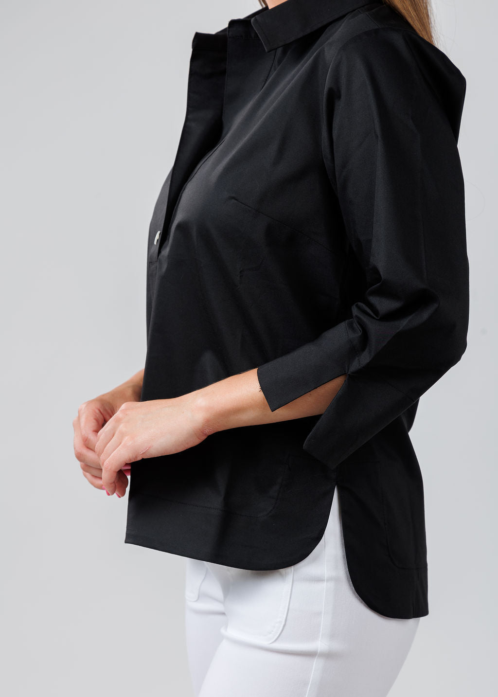 Hinson Wu Aileen 3/4 Sleeve Button Back Top in Black available at Barbara Katz