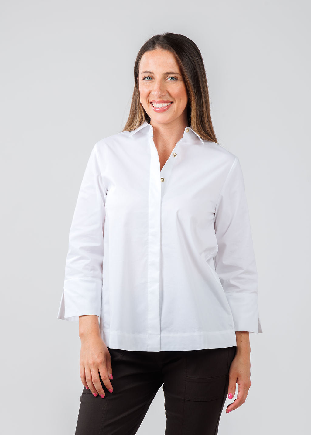 Hinson Wu Xena 3/4 Sleeve Zip Back Shirt in White available at Barbara Katz